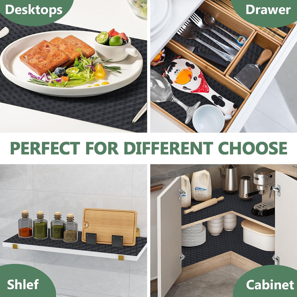 Shelf Liners, Non-Adhesive Drawer Liner, Waterproof & Oil-Proof Kitchen Cabinet Cupboard Liner Plastic EVA Material BPA Free Fridge Liner Mats Paper Protector for Shelves (Black/12in x 240in)