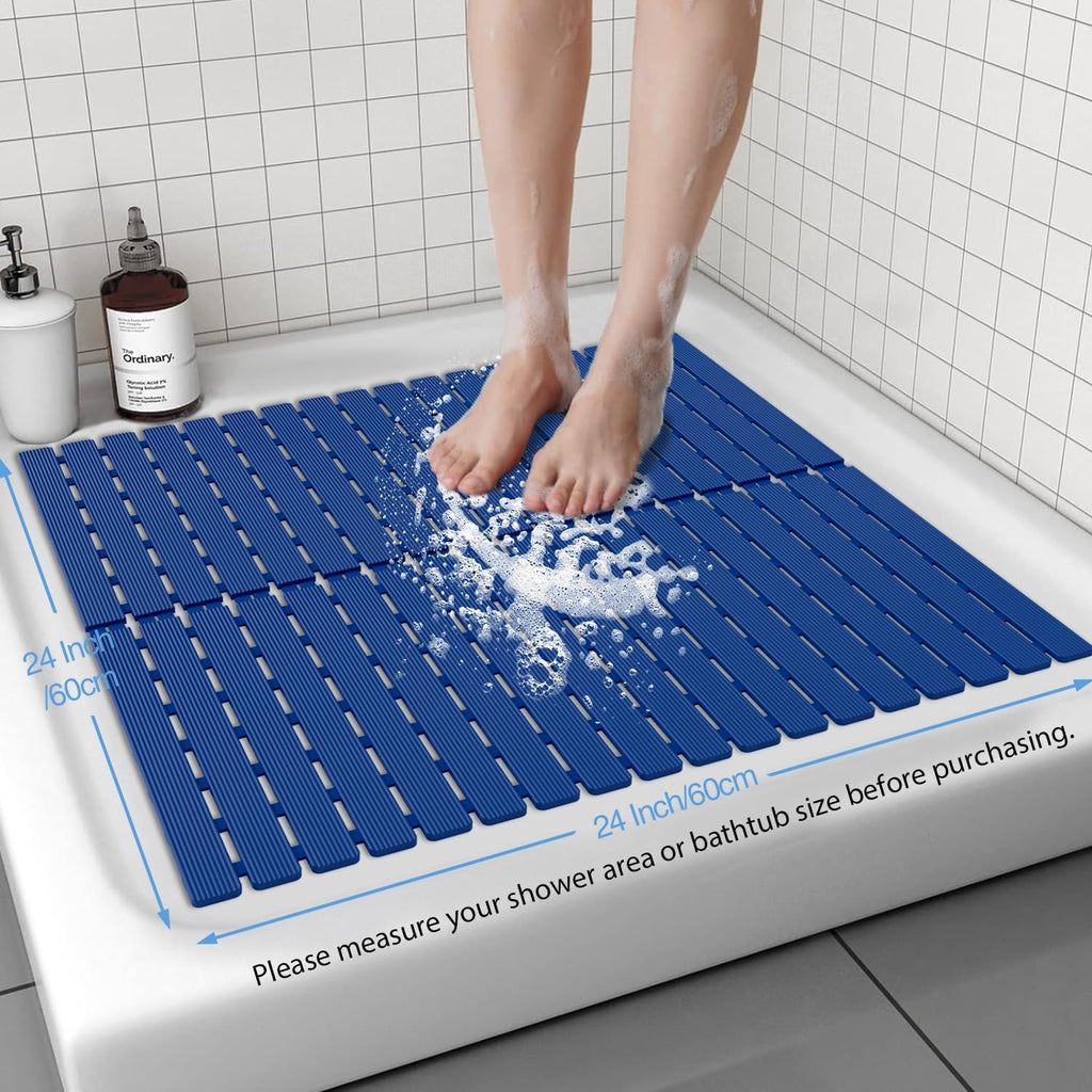 Shower Mat Non-Slip Bath Mat for Tub Floor & Stall with 200+ Suction Cups & Drain Holes, Quick Dry Machine Washable Bathtub Mat, Safe for Elderly& Baby, Bathroom Essentials 24x24 Inch (Blue)