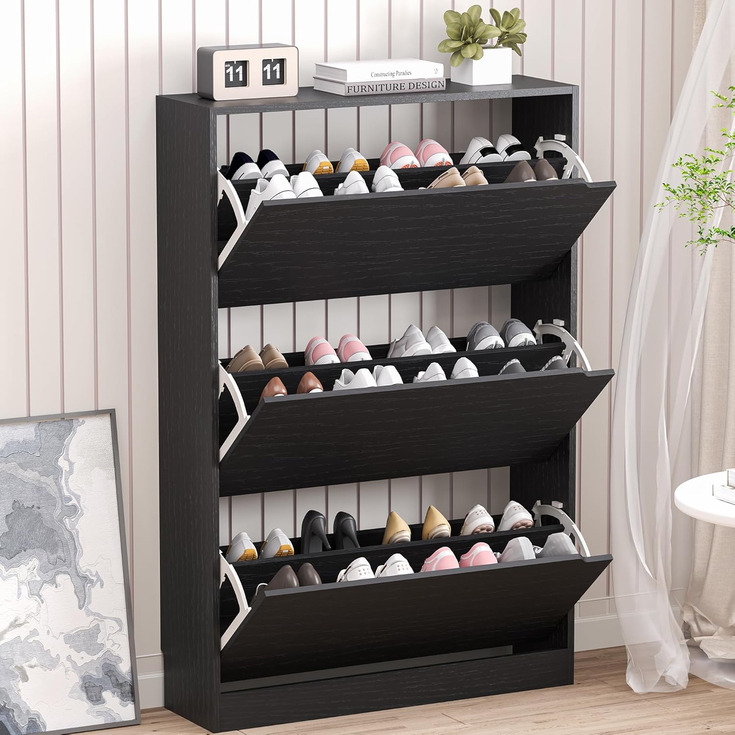 Shoe Storage Cabinet with 3 Flip Drawers,Narrow Shoe Rack Cabinet,Freestanding Organizer Storage for Entryway, Hallway, Black
