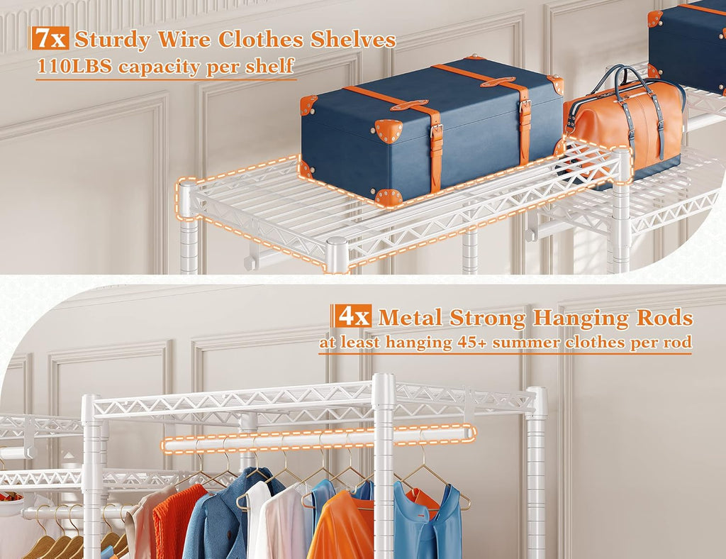 Raybee Clothing Racks for Hanging Clothes Heavy Duty Clothes Rack Load 750LBS Garment Rack, 77" H x 70.5" W x 13.8" D, White