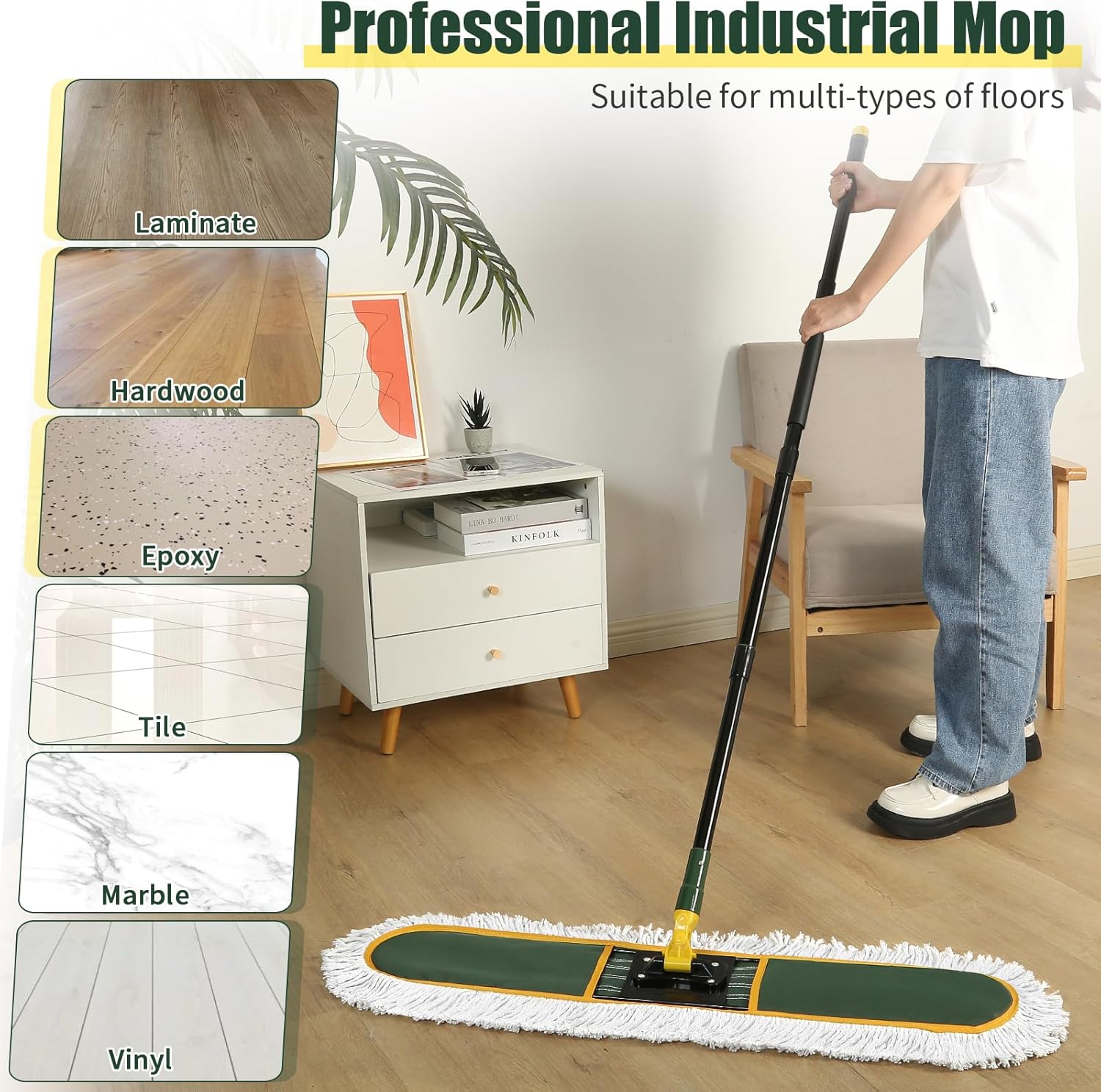 36" Commercial Dust Mop for Floor Cleaning with Replacement Mop Pads, Heavy Duty Industrial Large Floor Wet Dry Mop for Cleaning Office Garage Hardwood Warehouse Factory Mall