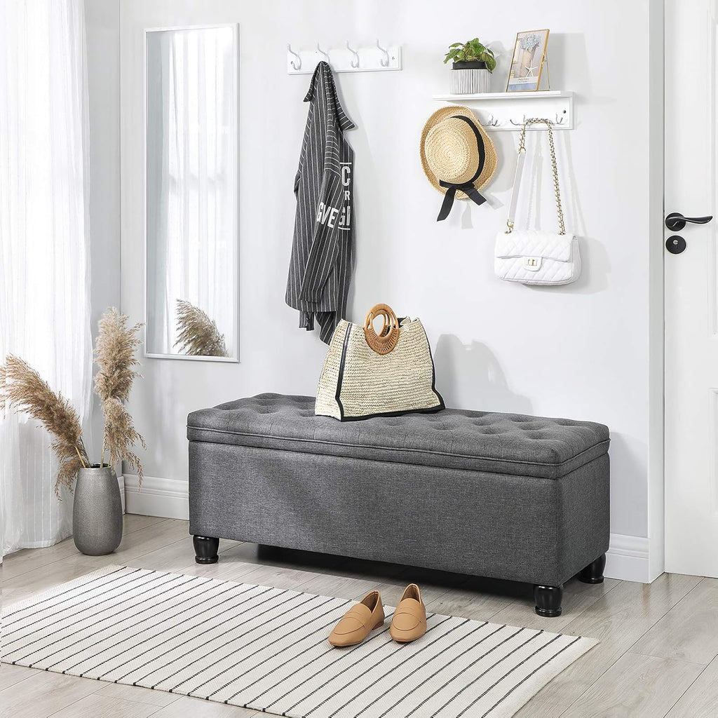 SONGMICS Storage Ottoman, Storage Bench, Tufted Entryway Bedroom Bench, 17.7 x 46.5 x 17.7 Inches, Hinges Easy Lid Operation, Wooden Legs, Linen-Look Cover, Loads 330 lb, Dark Gray ULOM070G01