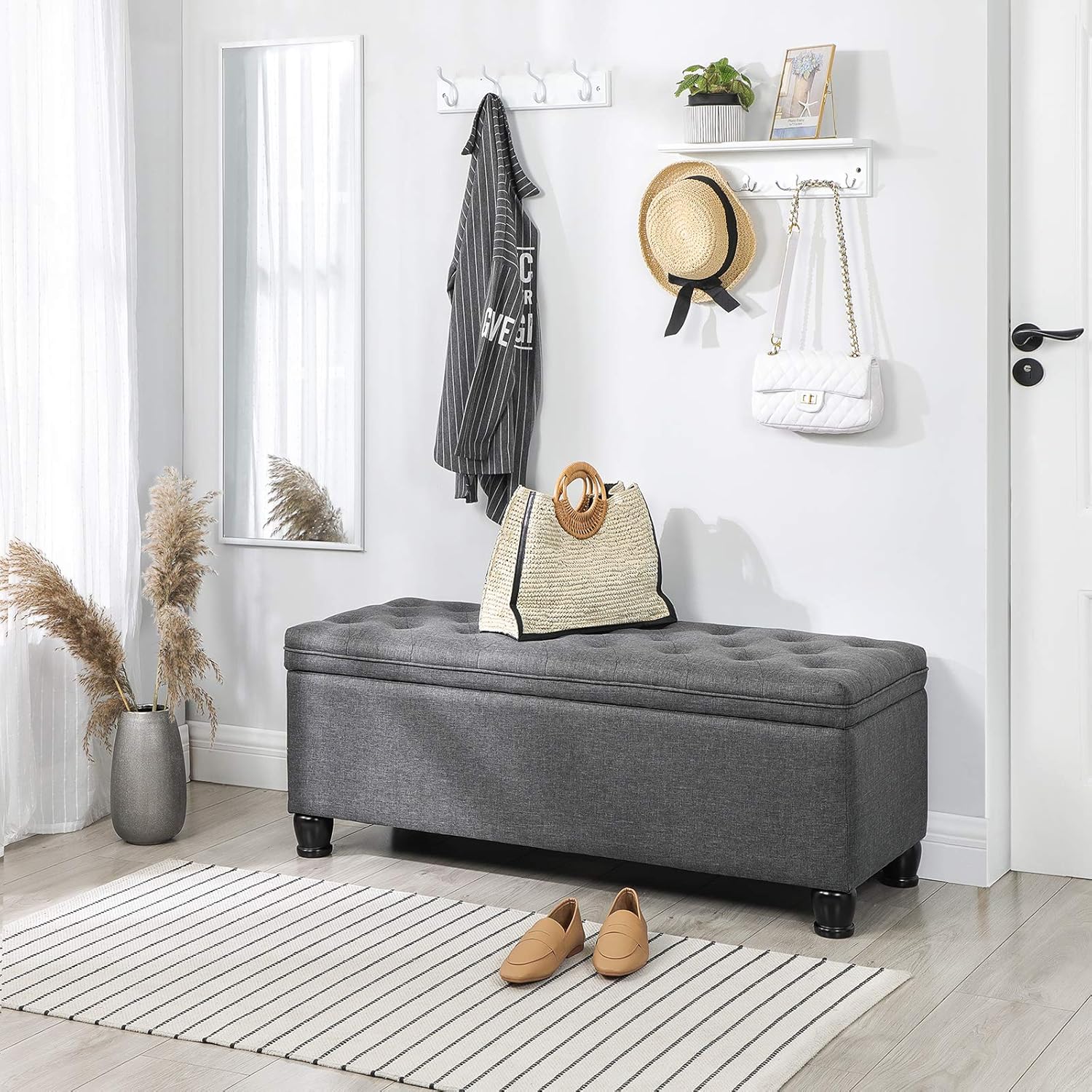 SONGMICS Storage Ottoman, Storage Bench, Tufted Entryway Bedroom Bench, 17.7 x 46.5 x 17.7 Inches, Hinges Easy Lid Operation, Wooden Legs, Linen-Look Cover, Loads 330 lb, Dark Gray ULOM070G01