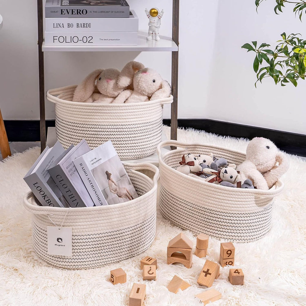 Medium and Large Woven Basket//With Handle, Used for Toys and Fabric Storage Basket used for Storing xl Storage Box, Decorative Storage Box Room 2pack (White/black line, L13×W9×H7)