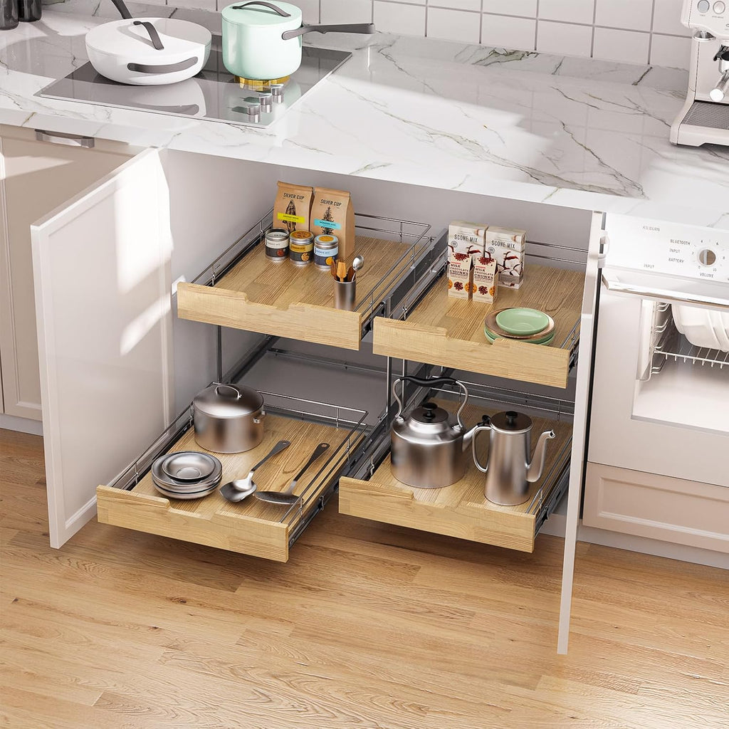 Pull Out Cabinet Organizer,Heavy-Duty Slide Out Shelf, Wood and Wire Basket, Pull Out Drawer for for Kitchen Under Sink Space, Pantry, Bathroom, 2 Tie 14 * 21 in