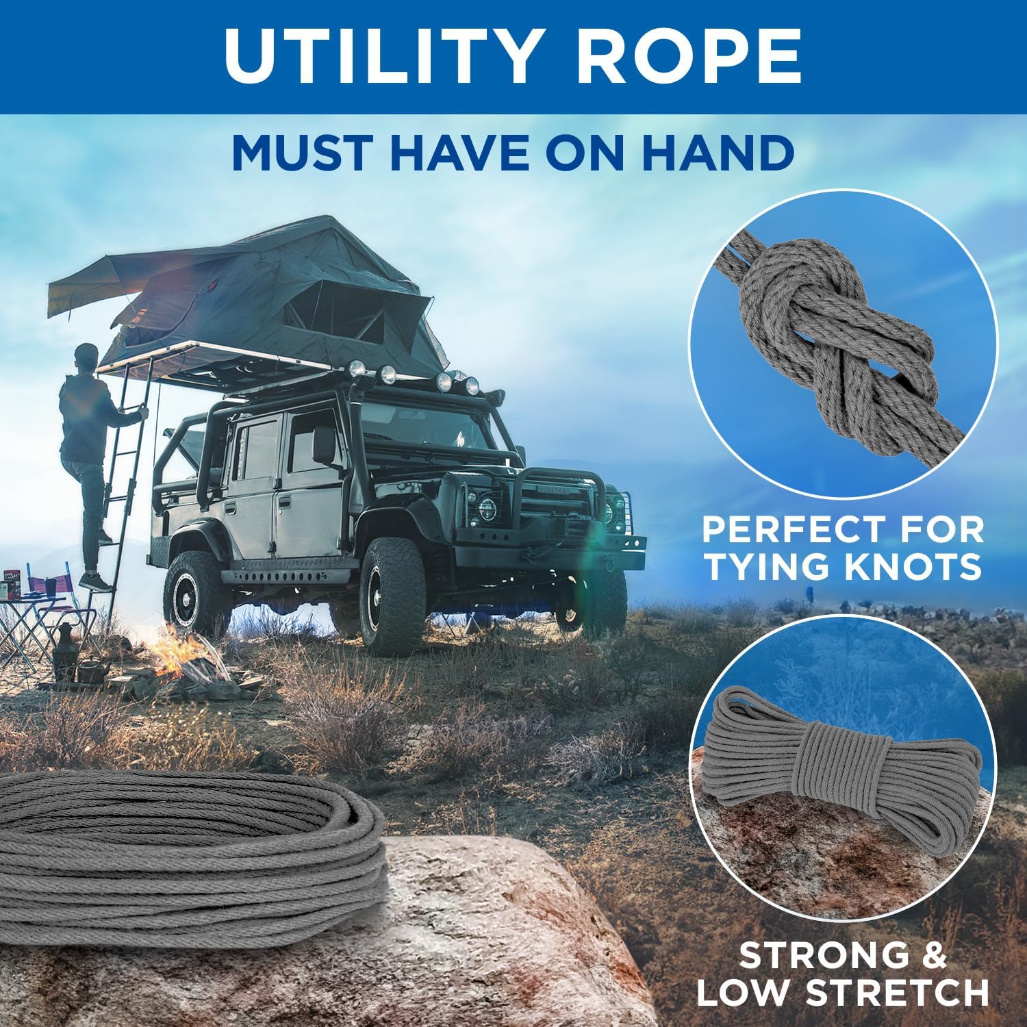TECEUM Cotton Rope 3/16” (5 mm) – 100 FT – Strong All-Purpose Braided Rope – Natural Cotton – for Crafting, Сamping, Clothes Line, DIY, Indoor & Outdoor Use – Gray