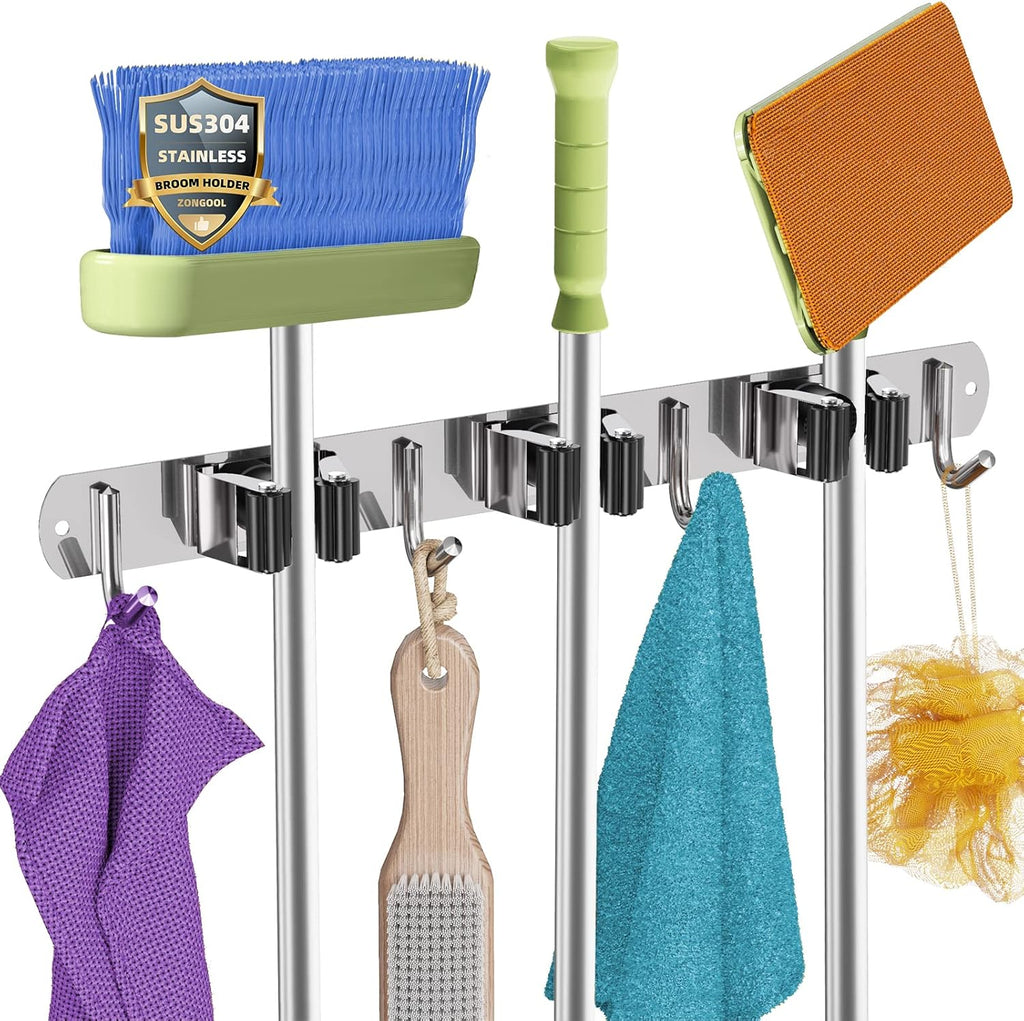 ZONGOOL Mop Broom Holder Wall Mount, Broom Organizer Mop and Broom Storage Tool Racks Stainless Steel Wall Hanger for Home Kitchen Garden Laundry Garage (3 Racks with 4 Hooks, Silver)