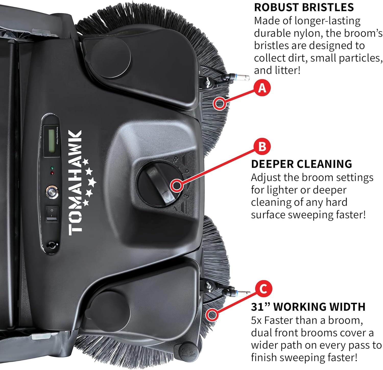 30" Battery Powered Push Sweeper with Triple Power Brooms Electric Drive and Dust Suppression (30" Sweeper)
