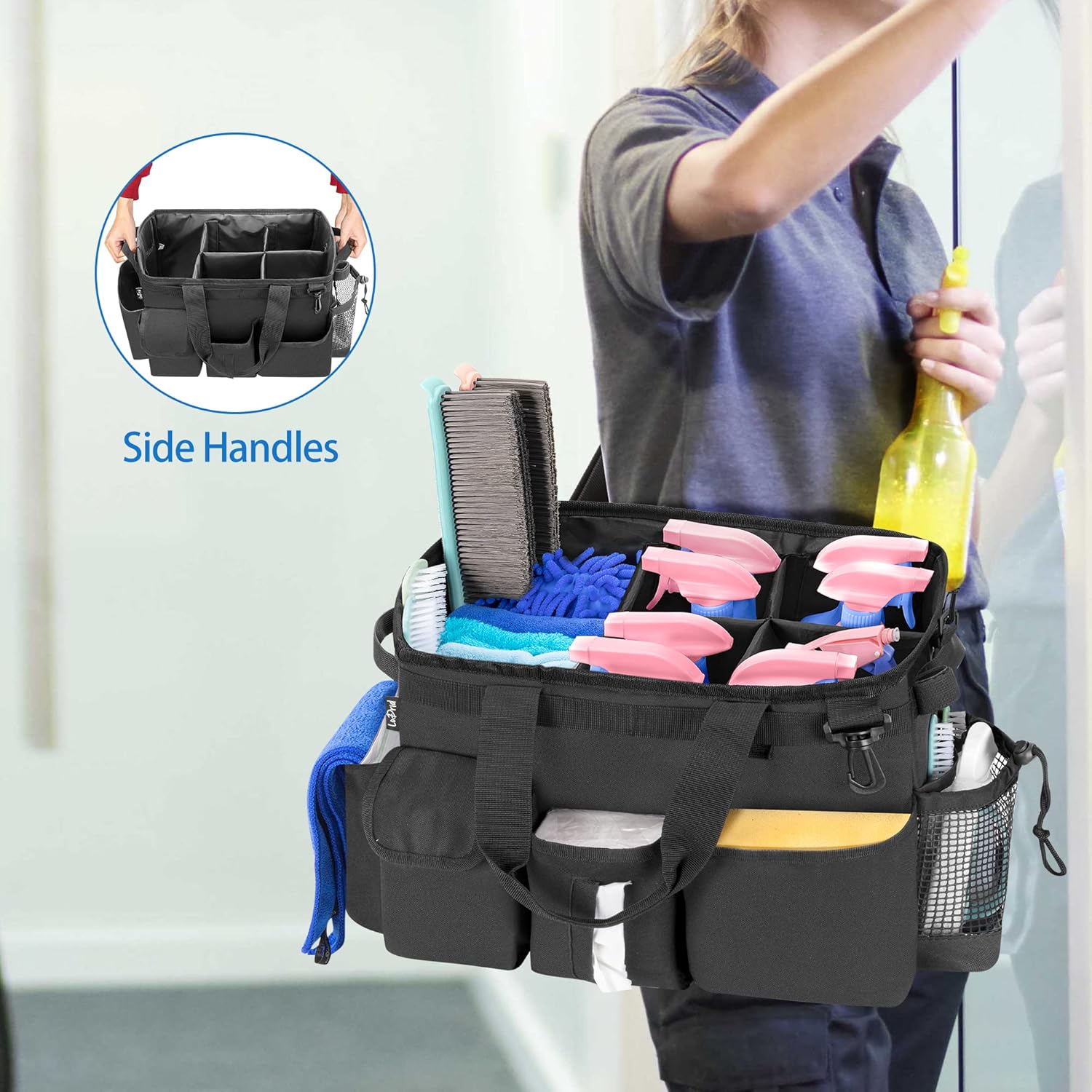 LoDrid Large Wearable Cleaning Caddy Bag with Detachable Divider, Cleaning Supply Tote with Handles, Organizer with Adjustable Shoulder Strap for Cleaners & Housekeepers, Black