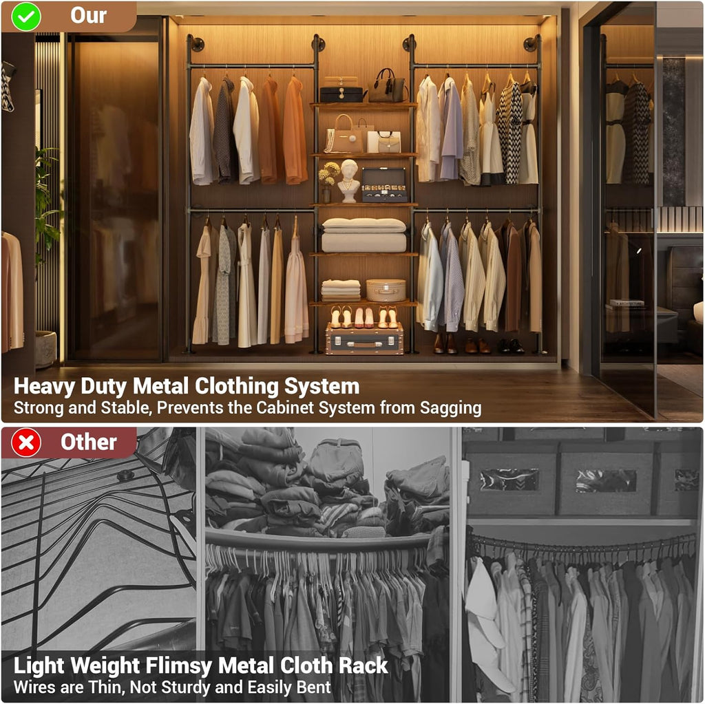 Aheaplus Industrial Pipe Clothing Rack, Reversible 6.42FT Clothes Rack for Hanging Clothes, Heavy Duty 5-Tier Closet Wardrobe Garment Racks with Shelves, Corner Closet Organizer System, Rustic Brown