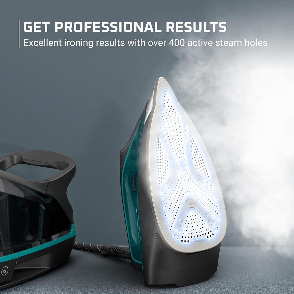 Rowenta Iron for Clothes, High Pressure Steamer Iron with Boiler System, 400 Steam Holes, Vertical Steaming, 37oz Tank, Stainless Steel Soleplate, Auto-Off 1800 watts, Black Green, DG7626