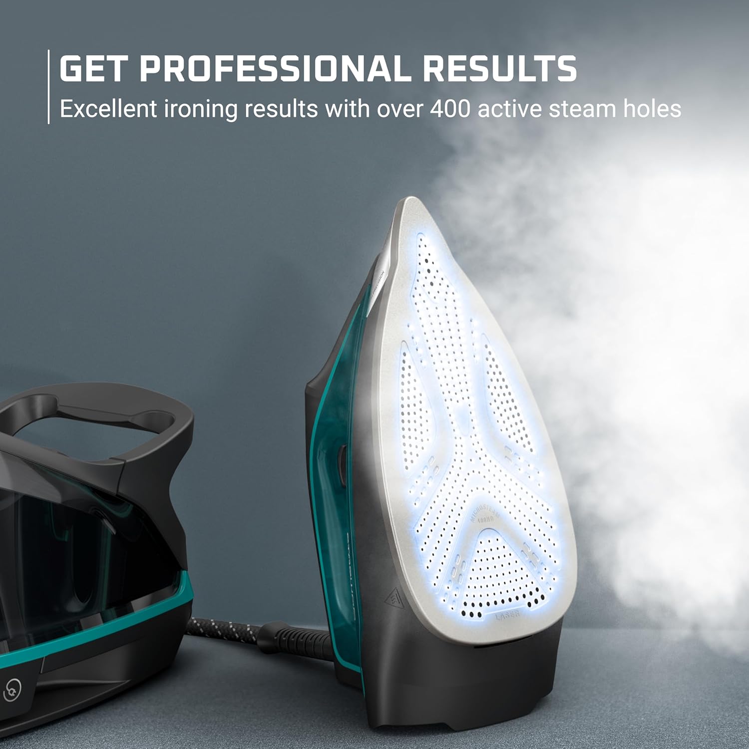 Rowenta Iron for Clothes, High Pressure Steamer Iron with Boiler System, 400 Steam Holes, Vertical Steaming, 37oz Tank, Stainless Steel Soleplate, Auto-Off 1800 watts, Black Green, DG7626