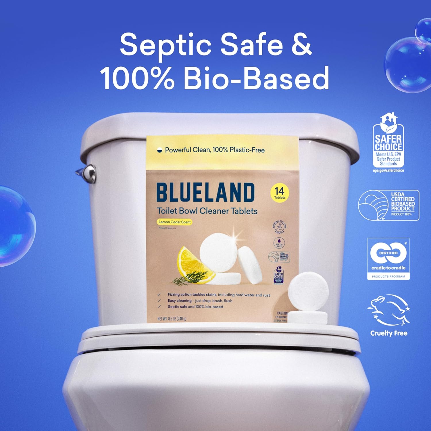 BLUELAND Toilet Bowl Cleaner Tablets, Starter Set, 14 Count with Tin, Lemon Cedar, Plastic-Free, No Harsh Chemicals, Plant-Based