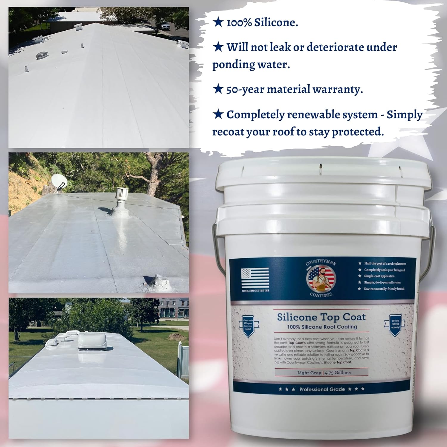 Countryman Coatings 100% Silicone Roof Coating - Restore Your Roof in a Day - Seal Leaks, Cracks, Seams, Penetrations - Adheres to All Surfaces (4.75 Gallon, Light Gray)