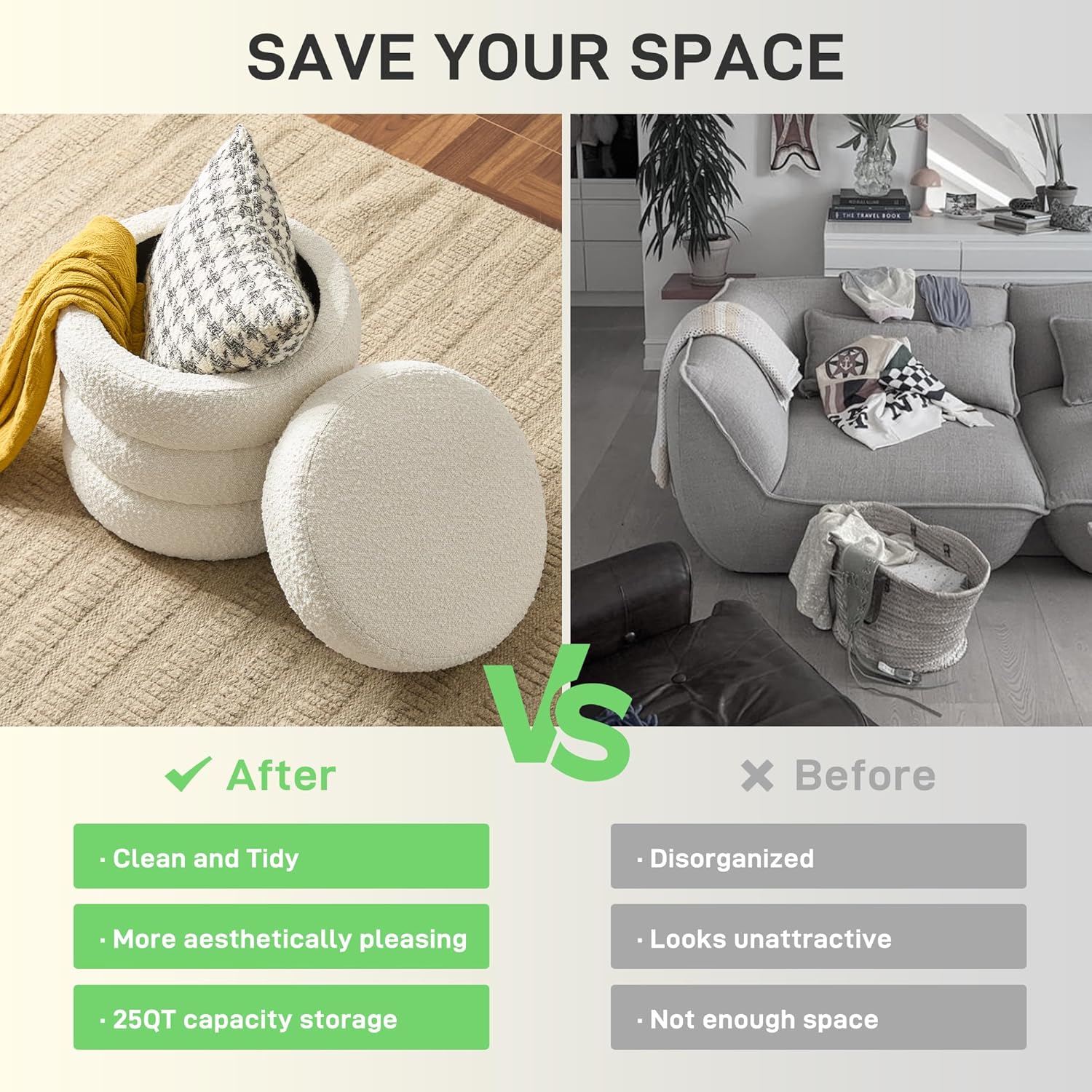 Round Ottoman with Storage Boucle Ottoman Stool with Storage Removable Lid for Living Room Modern Vanity Sorage Stool Foot Rest Bedroom Dorm Gifts Set of 2 (White)