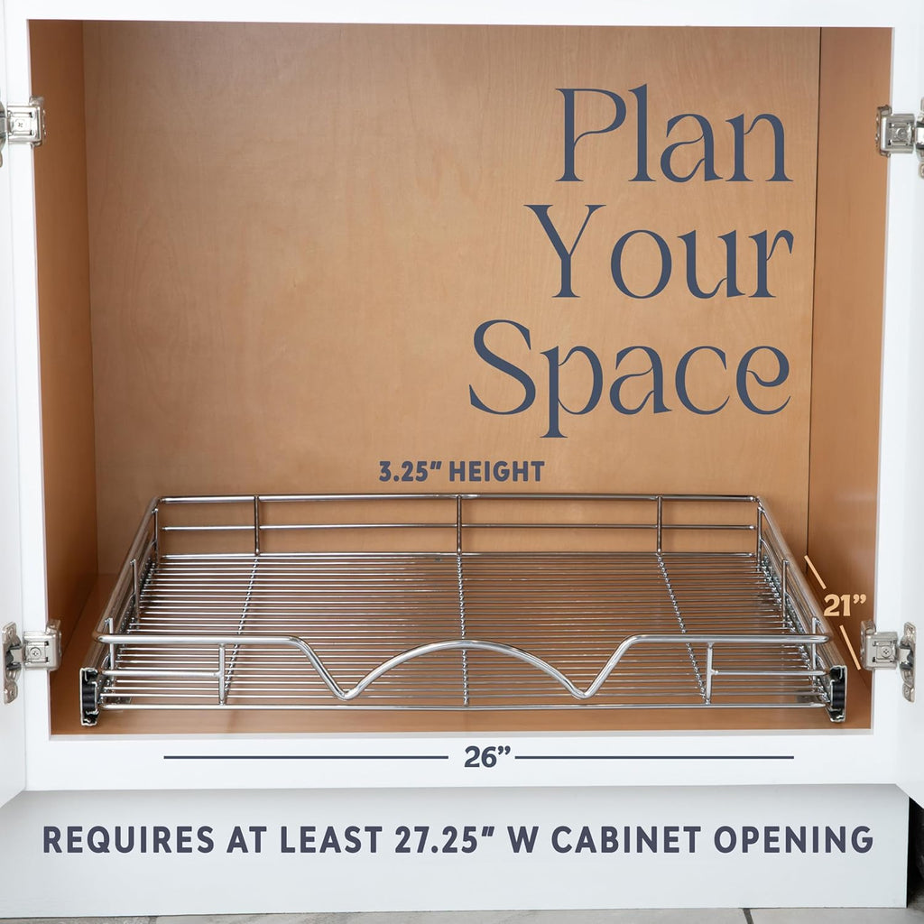 HOLDN’ STORAGE Pull Out Cabinet Organizer, Heavy Duty Caddy w/Lifetime Limited Warranty -26”W x 21”D - Requires At Least 27-1/4” Cabinet Opening, Steel Metal Cabinet Drawers Slide Out, Chrome