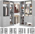 Corner Closet System with 5 Drawers, Closet Organizer System with 15+Shelvess & 4 Hanging Rods, 63.2"L * 63.2"W / 87.2"L * 39.2"W Reversible L Shaped Walk-in Closets, Load 2500+LBS, Grey