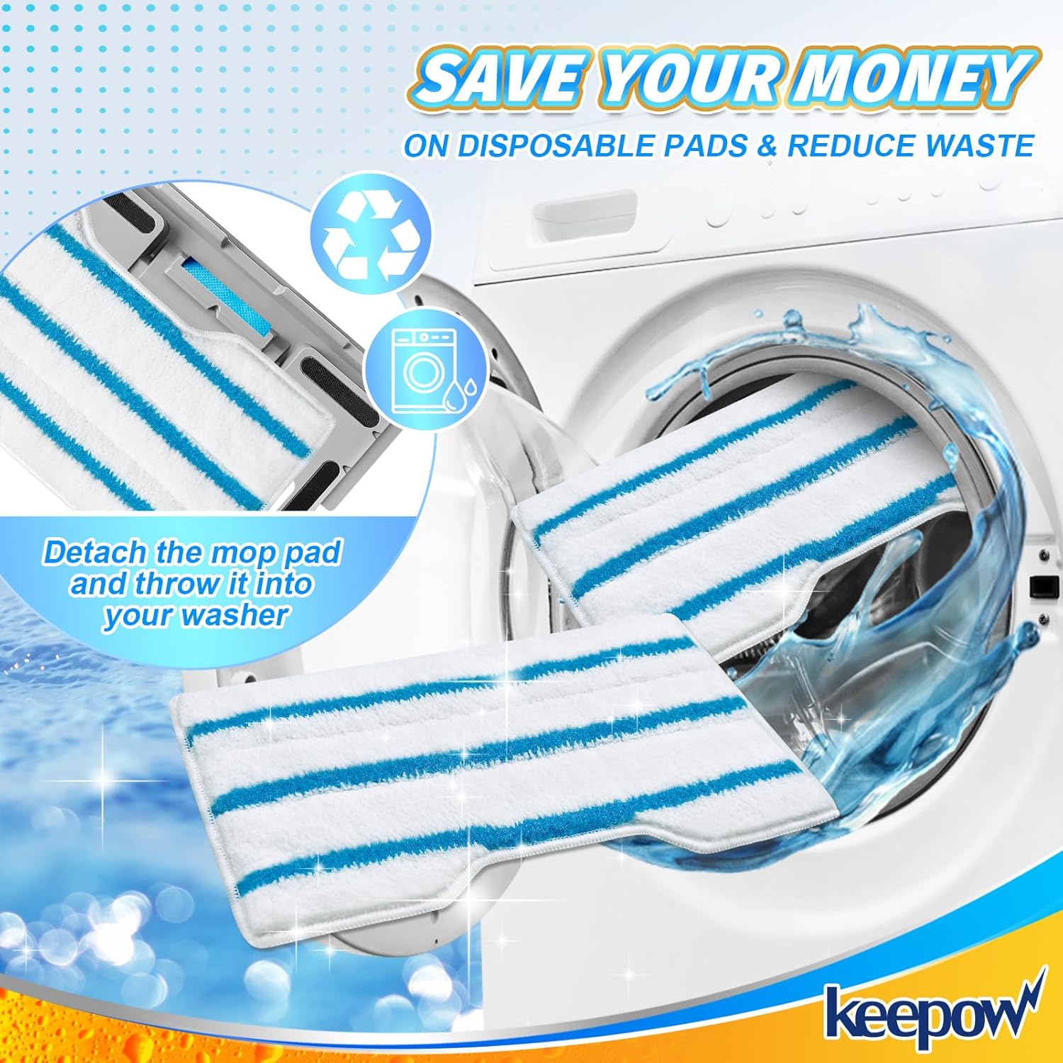 KEEPOW Reusable Mop Replacement Pads Compatible with Shark Vac Mop VM252 VM200 VC205 VM250 /QM250 VM190 VM200P12, Washable Vacuum Mop Pad Refills, Upgraded Dirt Chamber for Floor Mop (1+3+6 Pads)