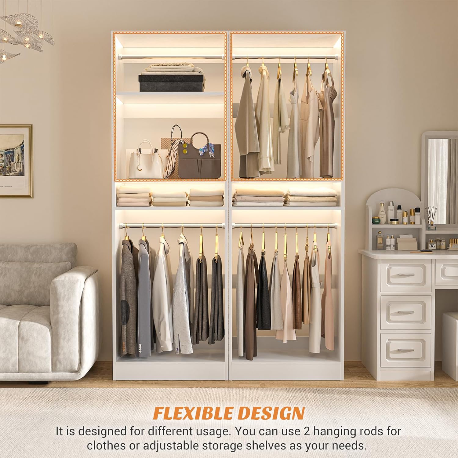 Unikito Freestanding Closet System, 25” Closet Organizer Wardrobe with Hanging Rods & Shelve, Adjustable Clothes Garment Rack, Sturdy Walk in Closet Tower, Easy Assembly, 25" W x 16" D x 80" H, White