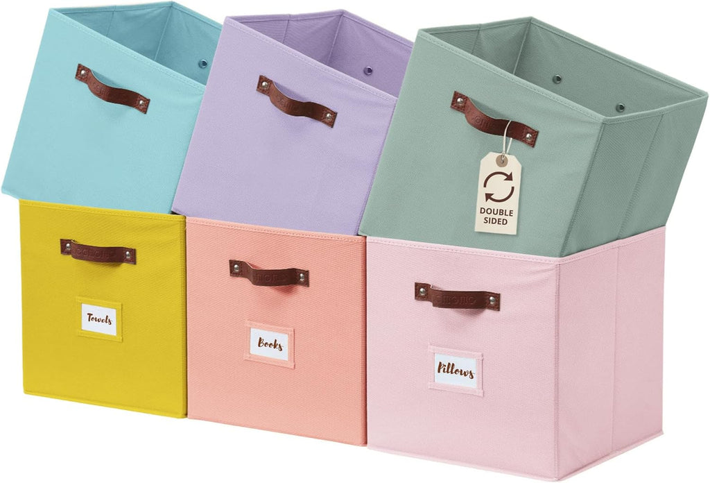 DECOMOMO Storage Bins, Cube Storage Bin with Labels, Fabric Storage Cubes for Shelves (10.5" x 11" / 6pcs, Rainbow)