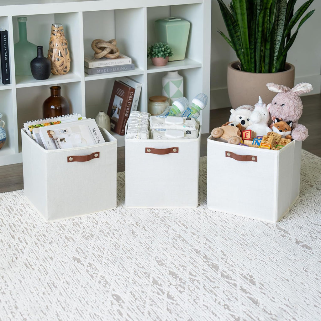 OrganiHaus White 12x12 Fabric Storage Bins - Set of 4, Cube Fabric Organizer Bins with Vegan Handles, Kallax Storage Cubes, Cubbies Organizer Boxes, 12Inch Cubic Baskets for Shelves