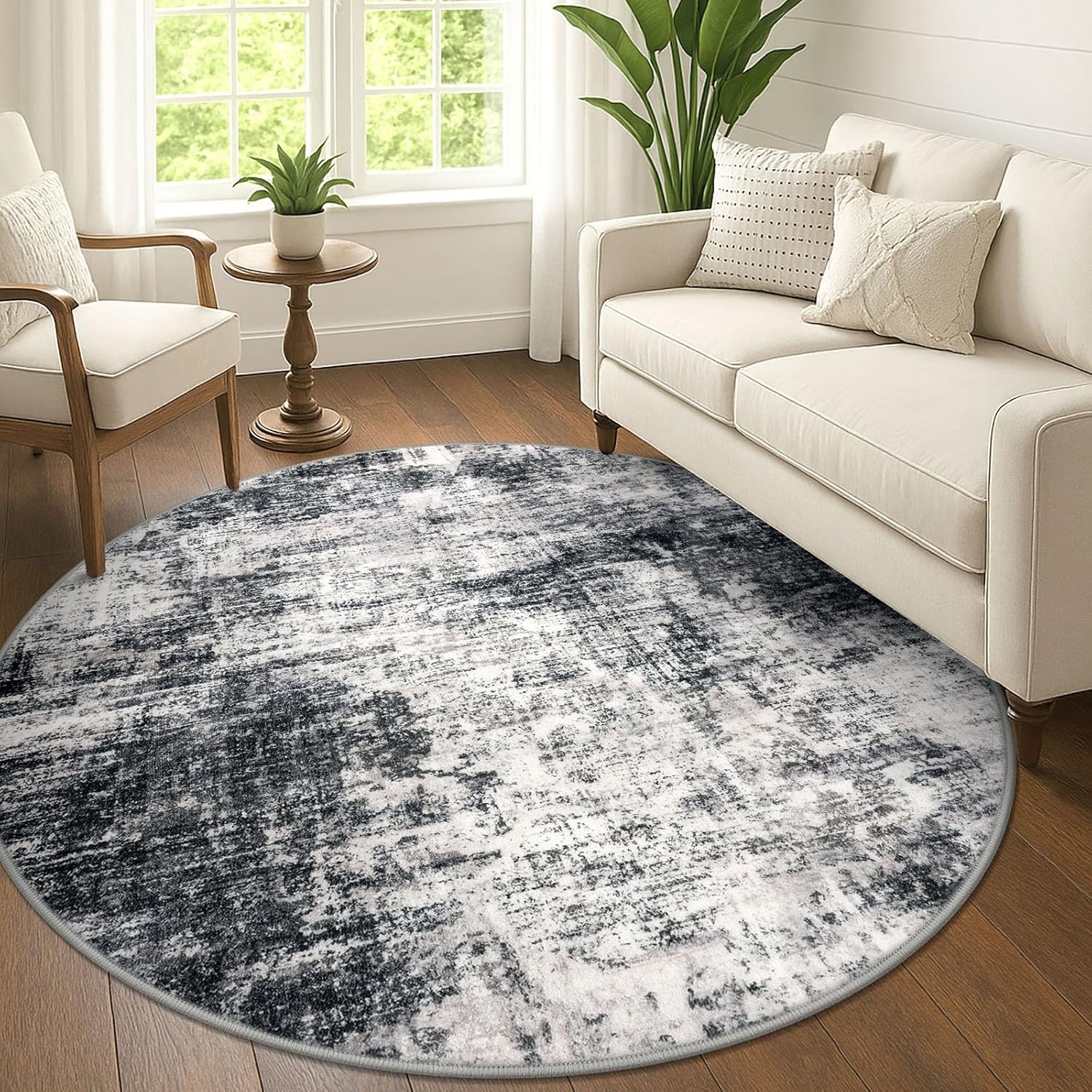 IOHOUZE Abstract Round Area Rug 6 Ft Washable Circle Rugs Large Round Rug Non Slip Thin Soft Circle Rugs, Printed Faux Wool Floor Carpet for Bedroom Living Room Dining Room Nursery, Black Grey