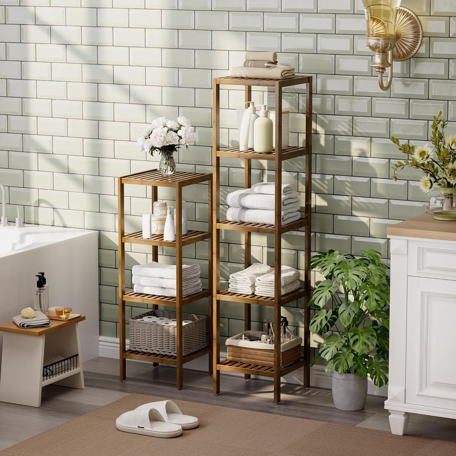 SMIBUY Bathroom Storage Shelf, 4-Tier Bamboo Rack Organizer, Multifunctional Shelving Unit for Living Room Bedroom Kitchen (Walnut)