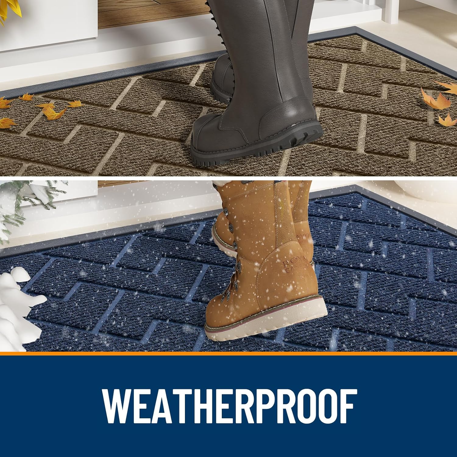 OLANLY Front Door Mat Indoor Outdoor Entrance, Waterproof All-Season, All-Weather Doormat, Sturdy Natural Rubber, Low Profile, Easy Clean Patio Porch Entryway Mat, Herringbone Brick (Brown, 59x35)