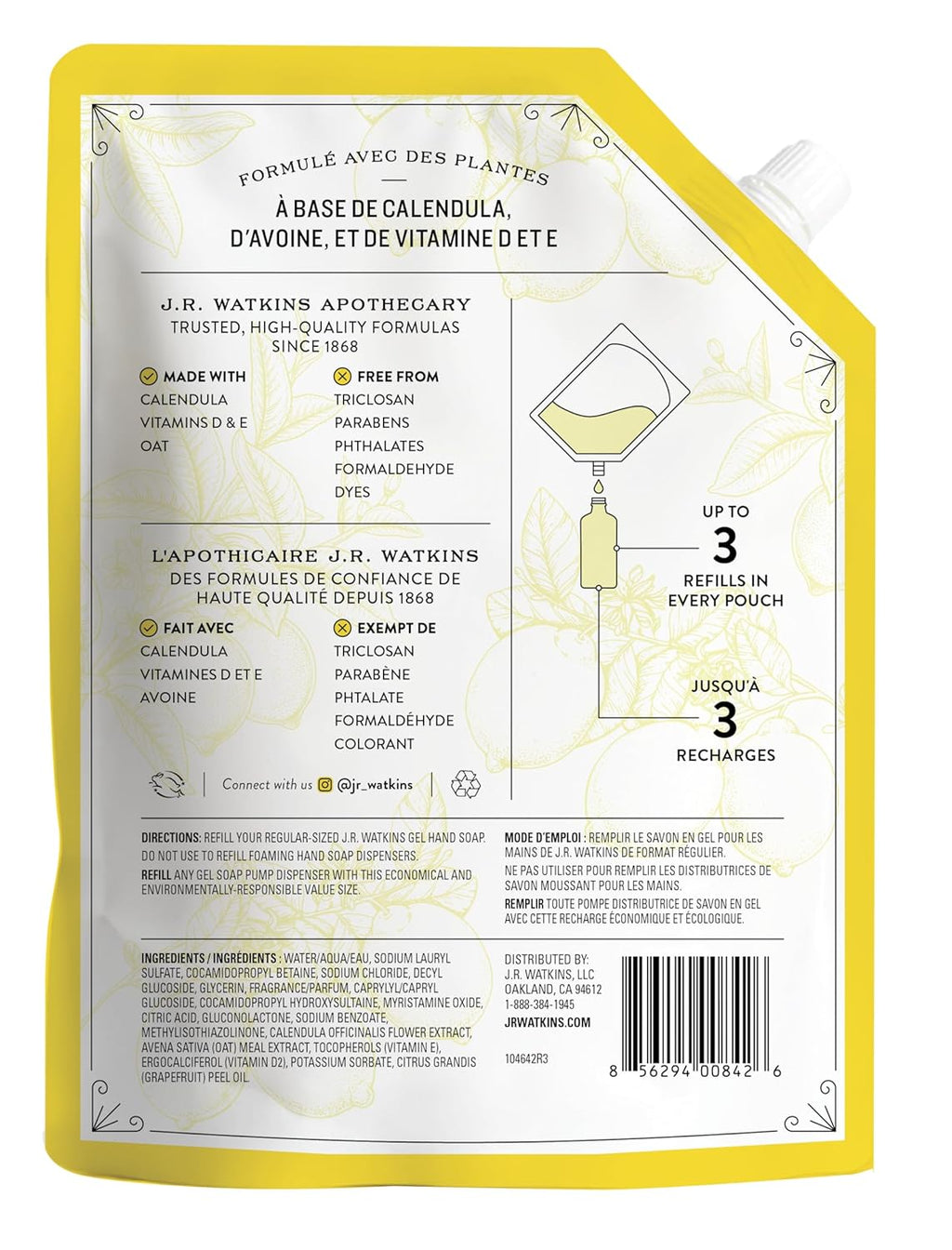 J.R. Watkins Liquid Hand Soap Lemon Refill, 34 Fl Oz