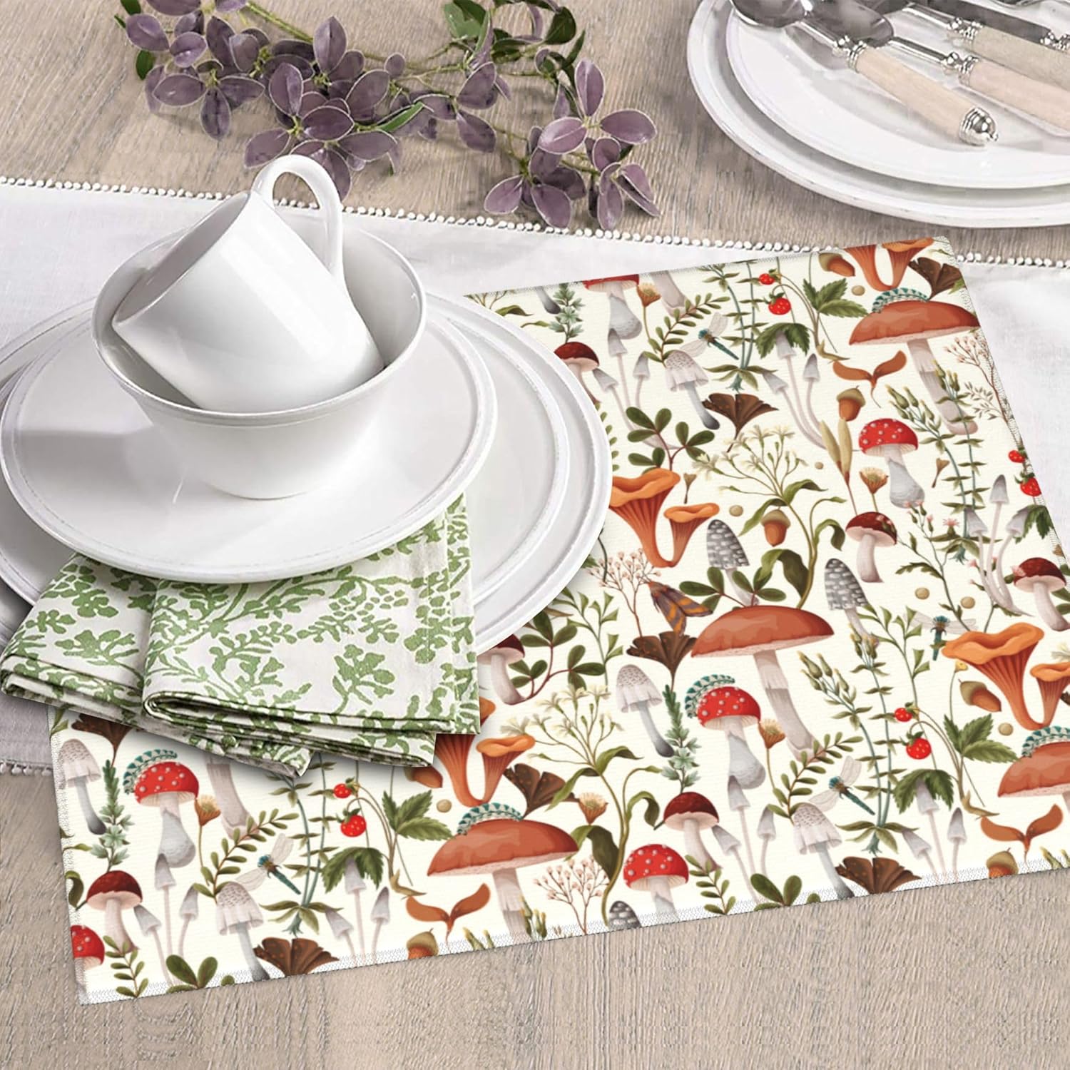 Boho Mushroom Decor Dish Drying Mat for Kitchen Counter Botanic Plant Beige Dish Drainer Rack Mats 16x18 Inch Absorbent Reversible Drying Pad
