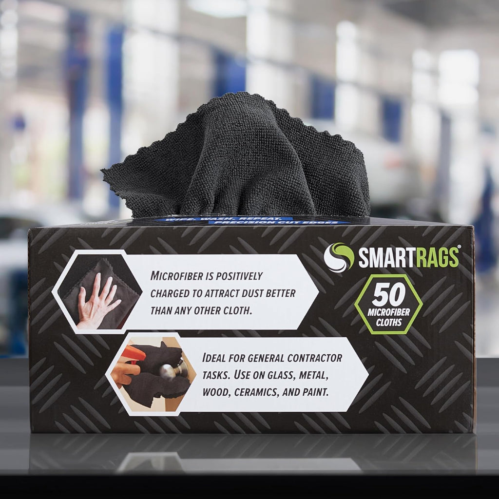Arkwright Smart Rags in Box - (Pack of 50) Lint Free Microfiber Cleaning Cloth, Scratch & Streak-Free, Dispensable Wash Towels for Cars, Window Glass, and Auto Shop, 12 x 12 in, Black