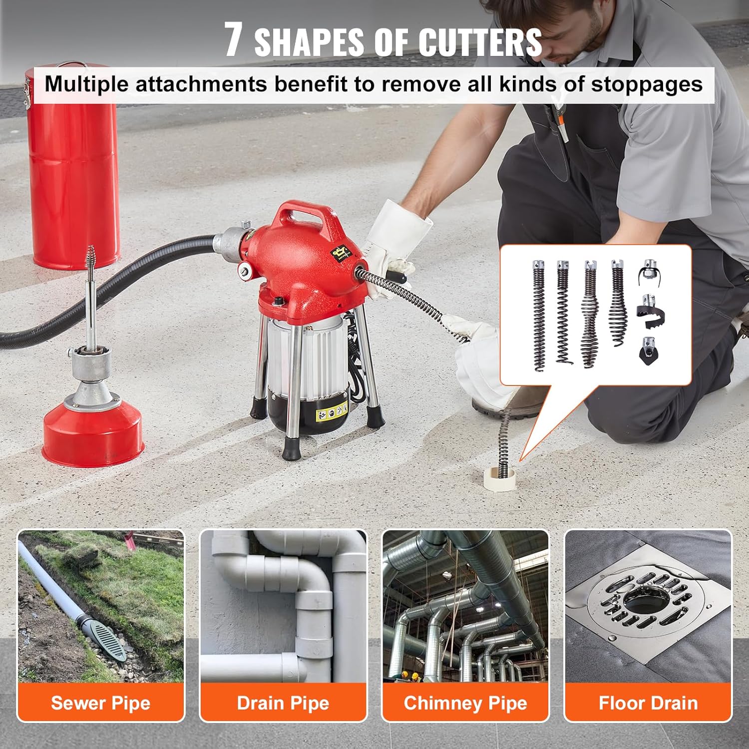 VEVOR Drain Cleaner Machine 120FT x 5/8 Inch, 370W Electric Sewer Snake Auger with 2 Sectional Steel Cables(120' x 5/8" and 23' x 3/8"), 7 Cutters and CW/CCW Control for 1.6" to 4" Pipes