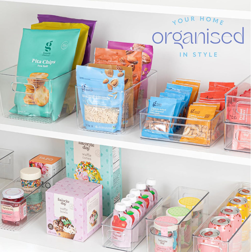 Plastic Food Storage 4 Pack Clear Container Bin with Handles for Organizing Kitchen, Pantry, Fridge, Freezer, Pantry,Bathroom. 10"x6"x5"