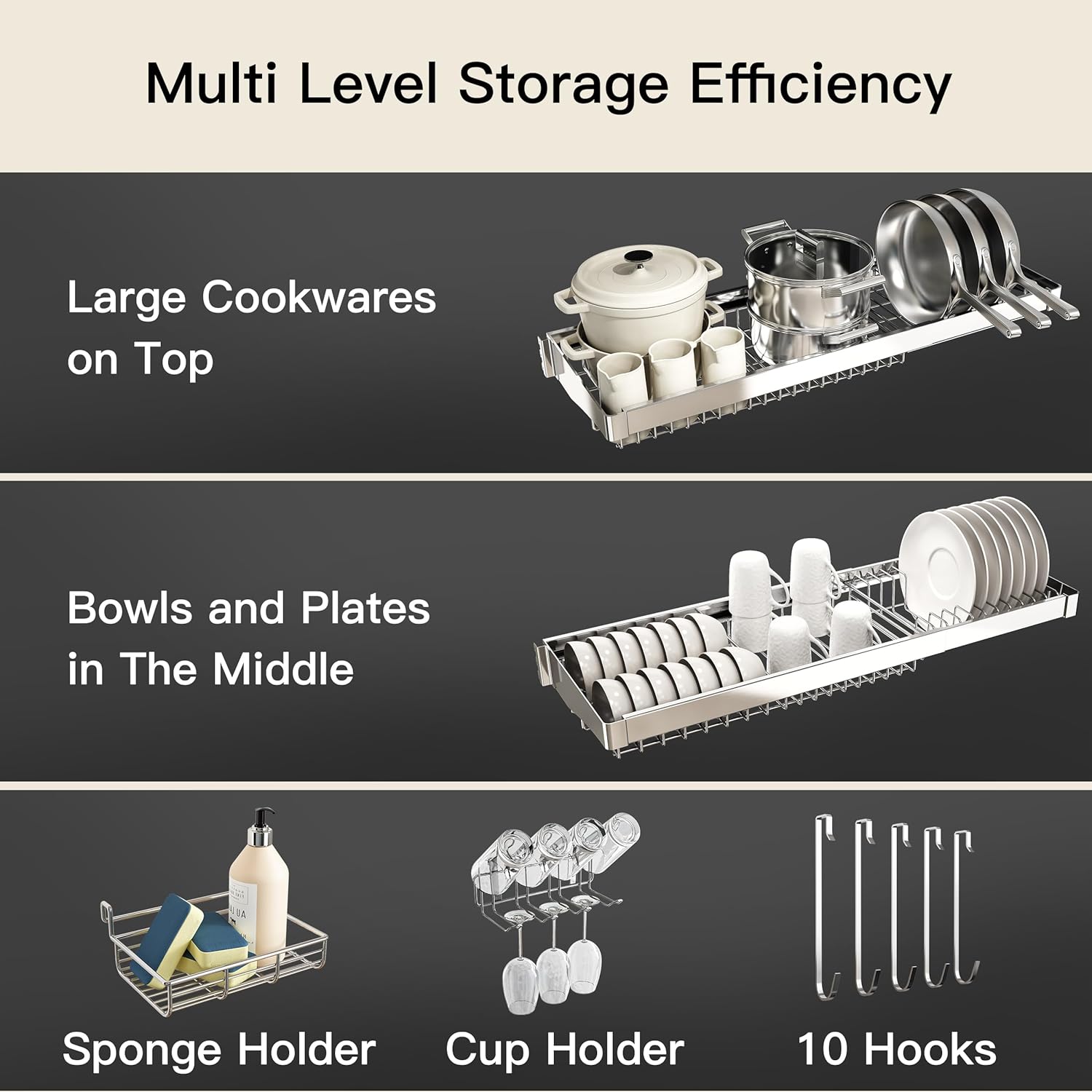 3 Tier Extra Large Stainless Steel Expandable Over The Sink Dish Drainer Drying Rack, Rust Proof Metal, Space Saving, Modern Silver Big Capacity Extendable Plate Strainers Above Kitchen Counter