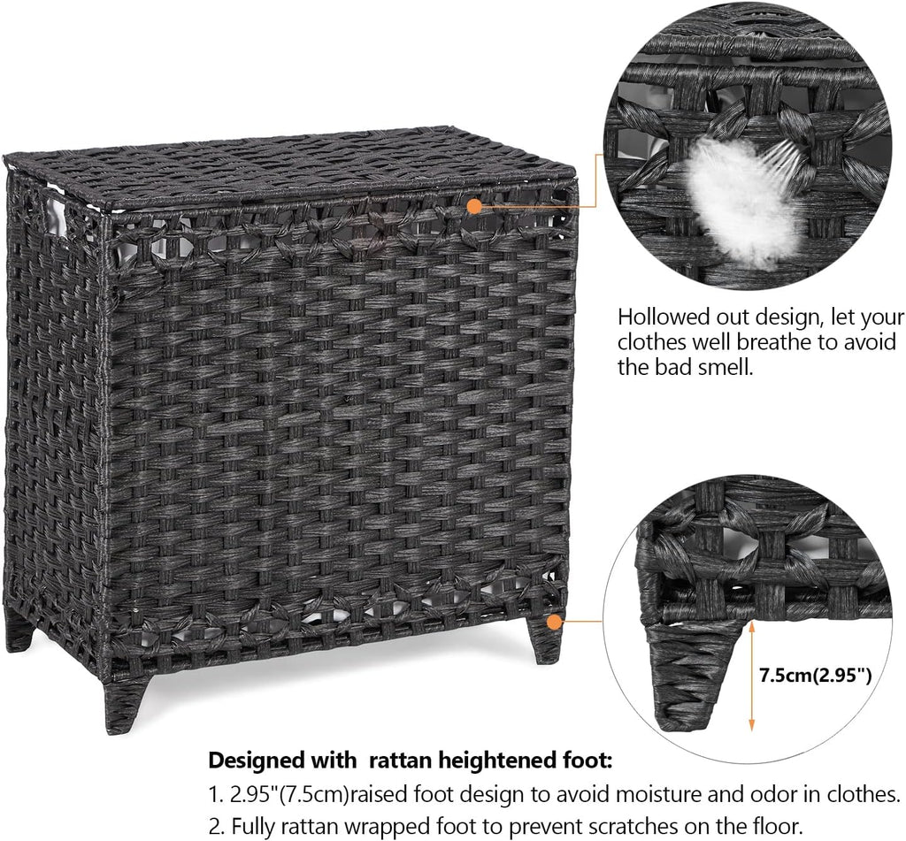 Laundry Hamper with 3 Removable Liner Bags; 132L Handwoven Rattan Laundry Basket with Lid & Heightened Feet; Clothes Hamper with Side Handles; Laundry Sorter with 3 Separate Sections (Black)