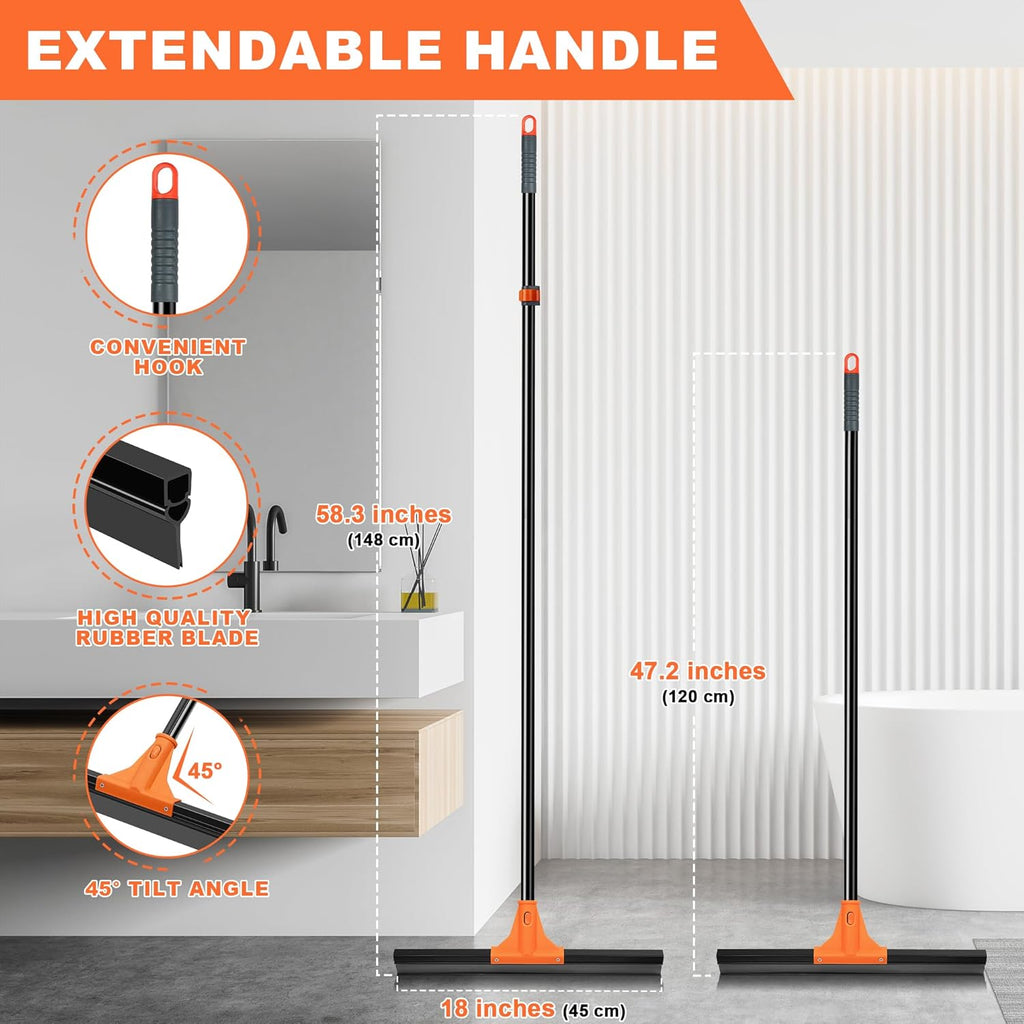 JEHONN Floor Squeegee Heavy Duty with 58.3 inches Long Handle, Rubber Scraper Broom for Cleaning Foam Water on Garage Concrete Bathroom Tile Marble Shower Glass Shop Deck Window Indoor Outdoor
