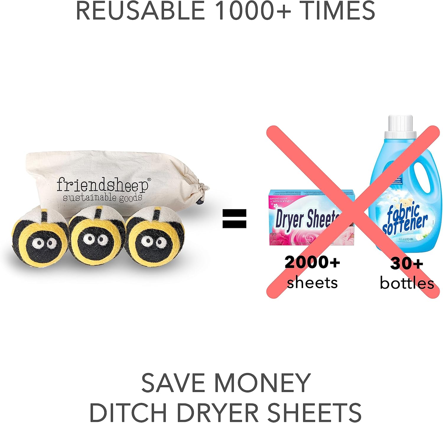 Friendsheep Wool Dryer Balls, Organic Reusable Fabric Softener Alternative for Laundry, Handmade, Fair Trade, Hypoallergenic, Eco-Friendly, Plastic-Free (3 Pack XL – Honey Bee)