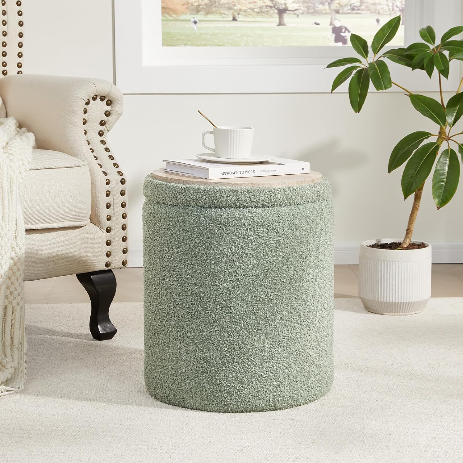 Boucle Round Ottoman with Storage Set of 2,Small Foot Stool Ottoman for Living Room,Small Coffee Table, Vanity Stool with Storage for Bedroom, Green
