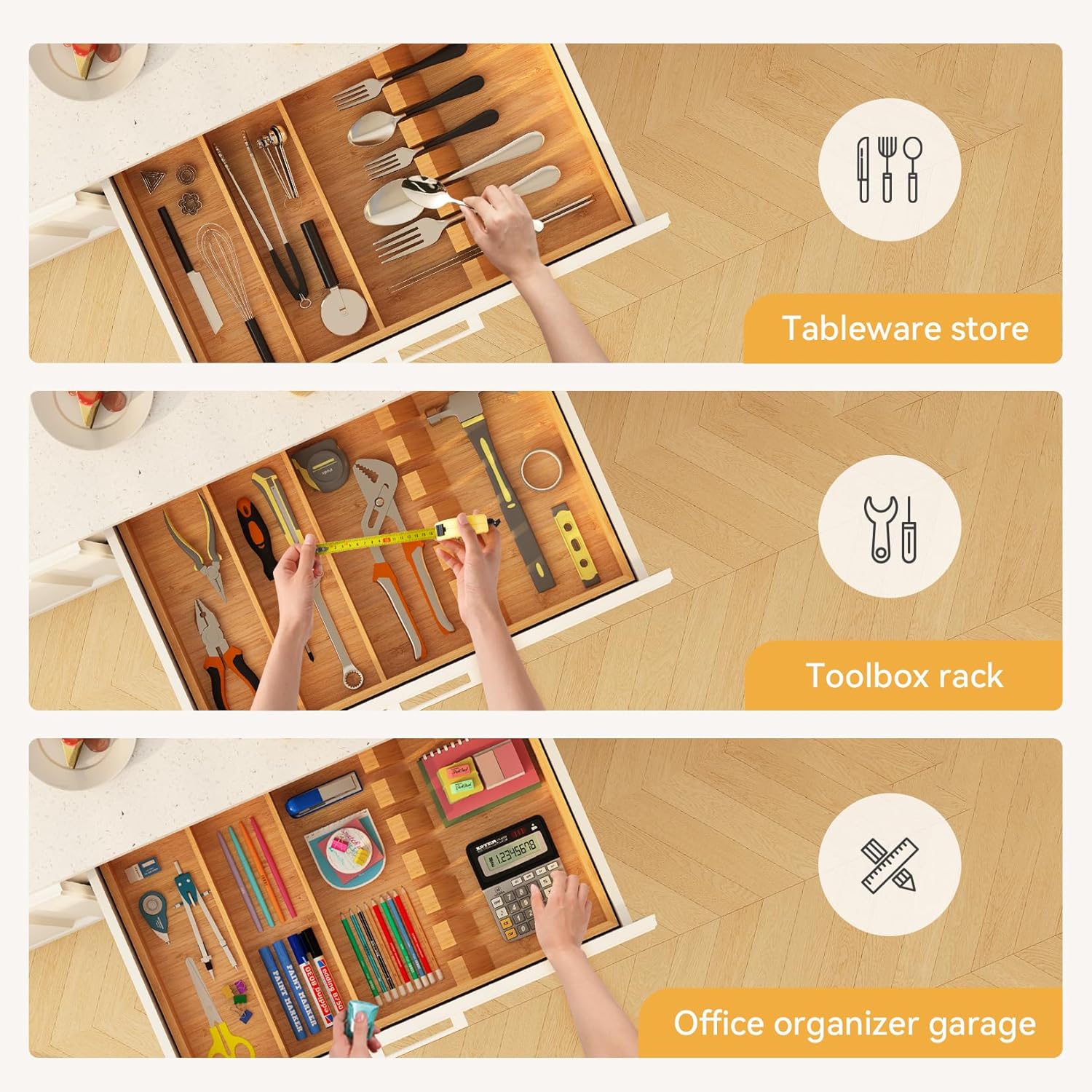 Yofidra Pure Bamboo Silverware Drawer Organizer: 16.53" Lx10 Wx1.93 H Large Silverware Utensil Tray Holder, 3-Compartment with 6 Card Slots Kitchen Flatware Organizer for Spoons Forks Knives