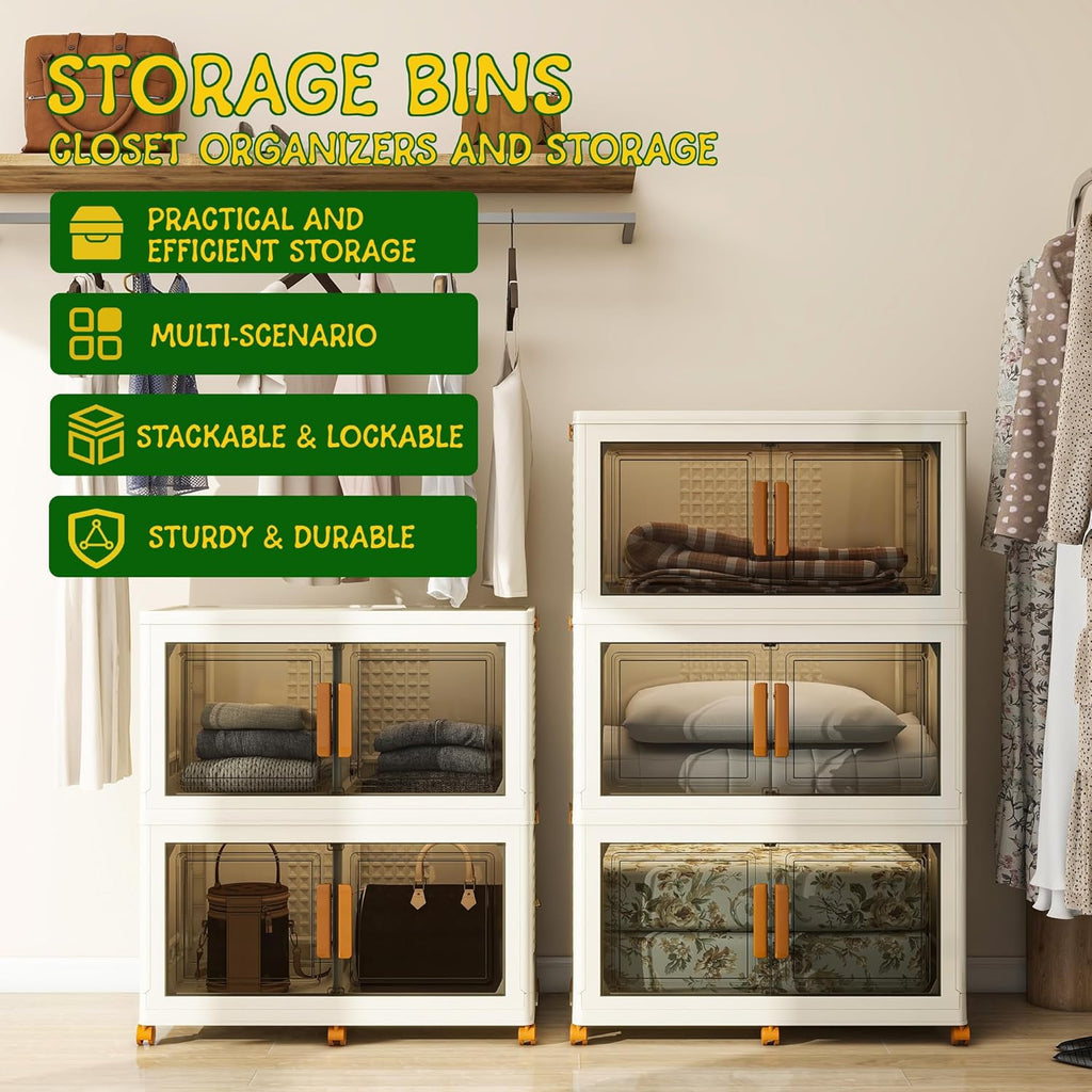 2 Tier Extra Large Stackable Storage Bins with 1 Lid 205 QT/Tier, Collapsible Plastic Box Storage with Wheels, Home Containers Boxes Closet Organizers for Living Room, Office, Dorm