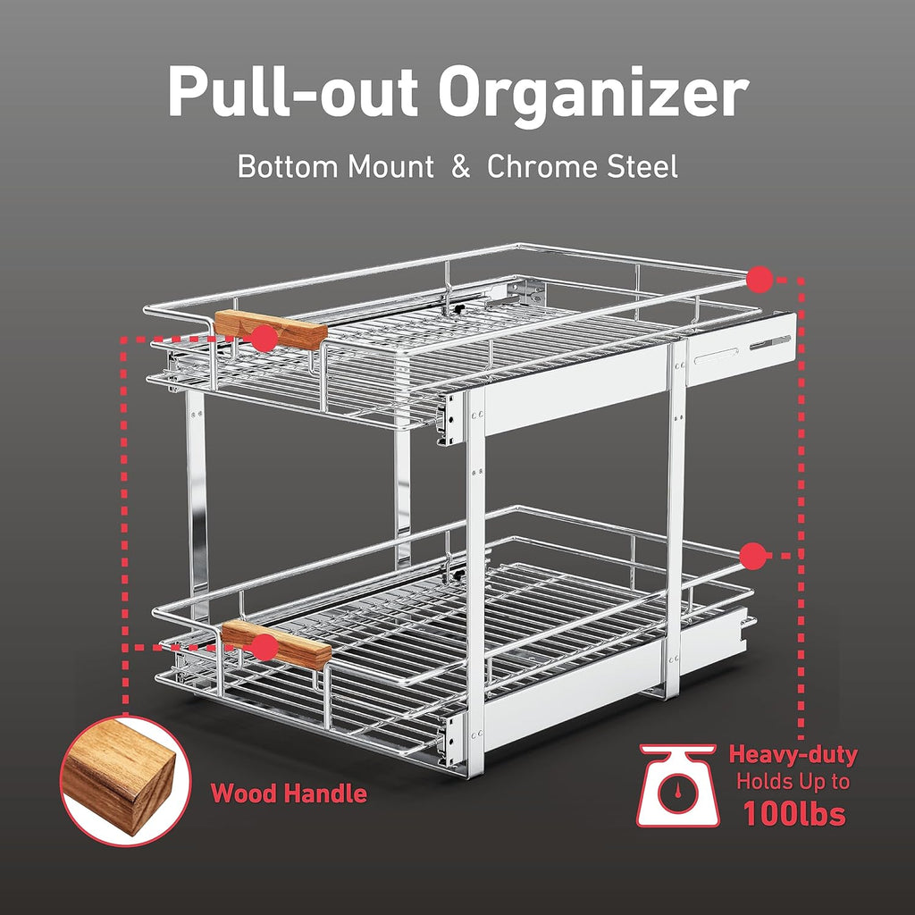 Pull Out Cabinet Organizer(11" W x 21" D), 2 Tier Wire Basket Slide Out Shelf Storage with Wood Handle, Pull Shelf Drawers for 12-1/4” Cabinet Opening, Chrome