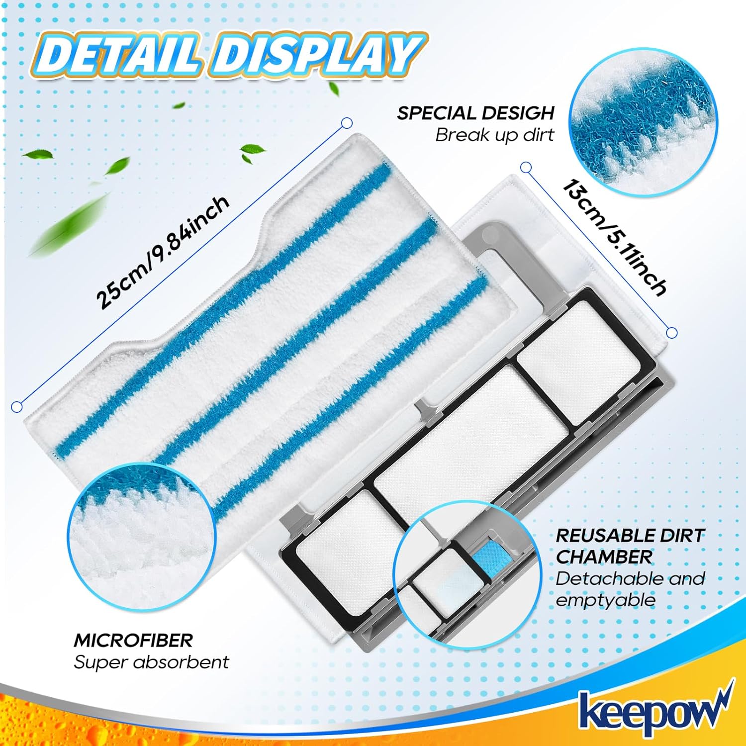 KEEPOW Reusable Mop Replacement Pads, Mop Pads Refills Compatible with Shark Vac Mop VM252 VM200 VC205 VM250 /QM250 VM190 VM200P12, Hardwood Floor Mop Pad with Upgraded Dirt Chamber (1+2+3 Pads)