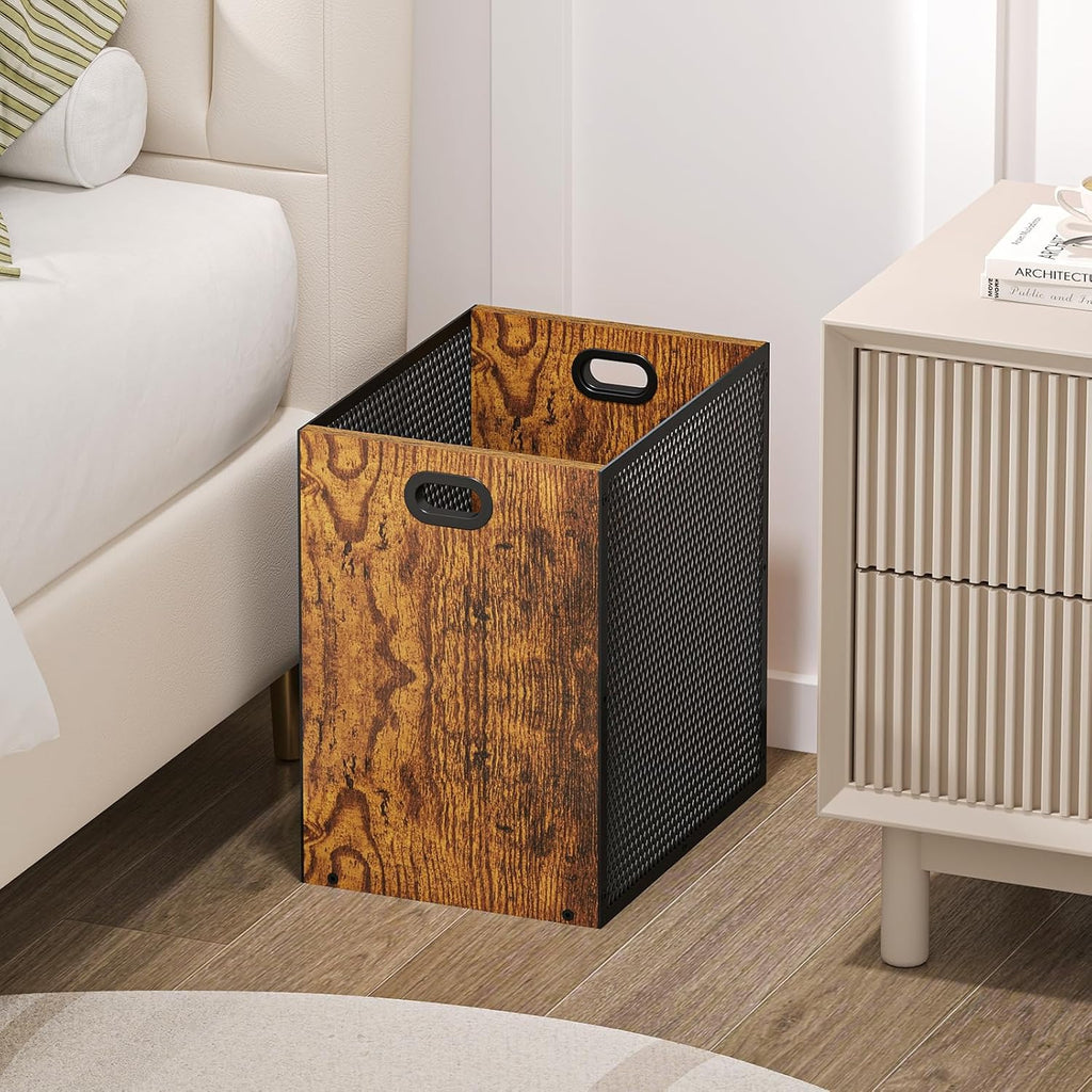 Retro Office Trash Can, Iron and Wood Combination Bedroom Garbage Can, Rectangular Design Wastebasket with Handle, Industrial Style Trash Can for Home Office, 11.02" X 7.87" X 11.81" 4.5 Gallon (2)