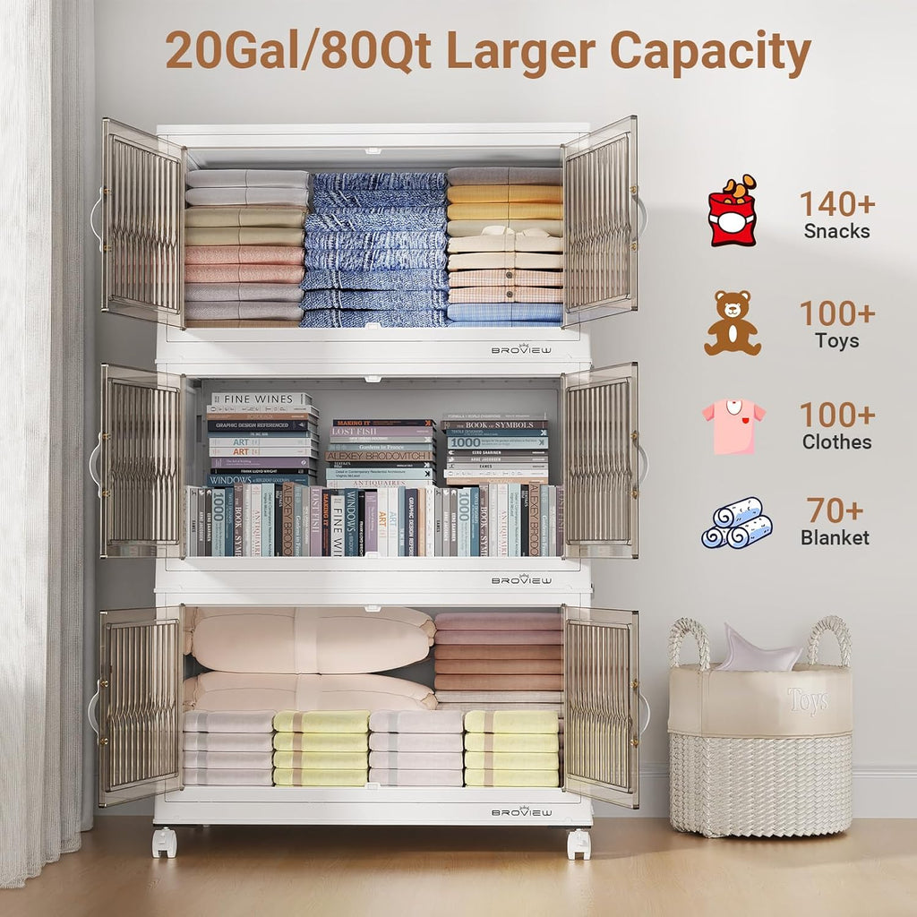 BROVIEW 320Qt Stackable Storage Bins with Lid, Extra Large Closet Organizer Collapsible Drawer Boxes with Wheels, Folding Plastic Cabinet Containers for Home Kitchen Room Organization, 4Pack White