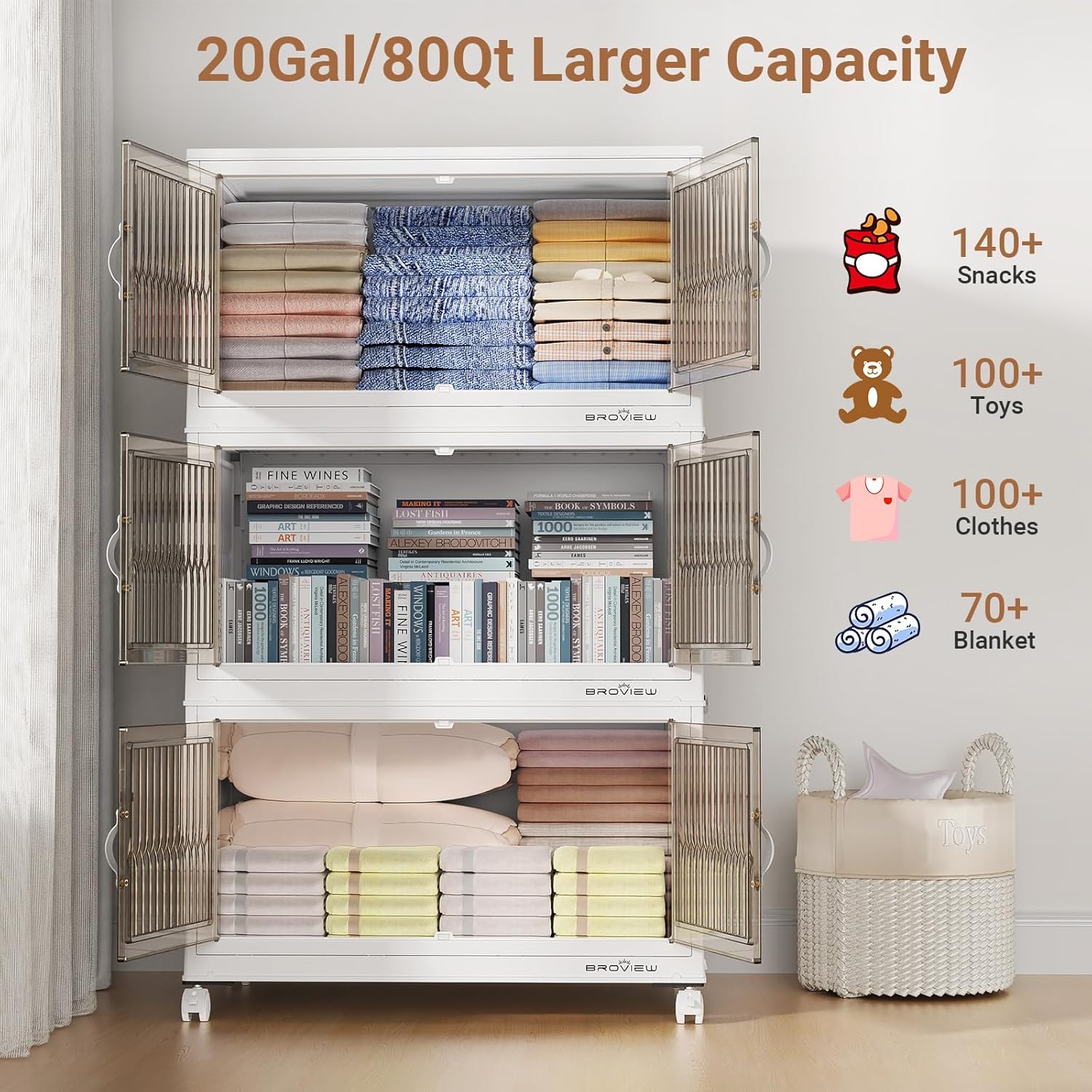 BROVIEW 240Qt Stackable Storage Bins with Lid, Extra Large Closet Organizer Collapsible Drawer Boxes with Wheels, Folding Plastic Cabinet Containers for Home Kitchen Room Organization, 3Pack White