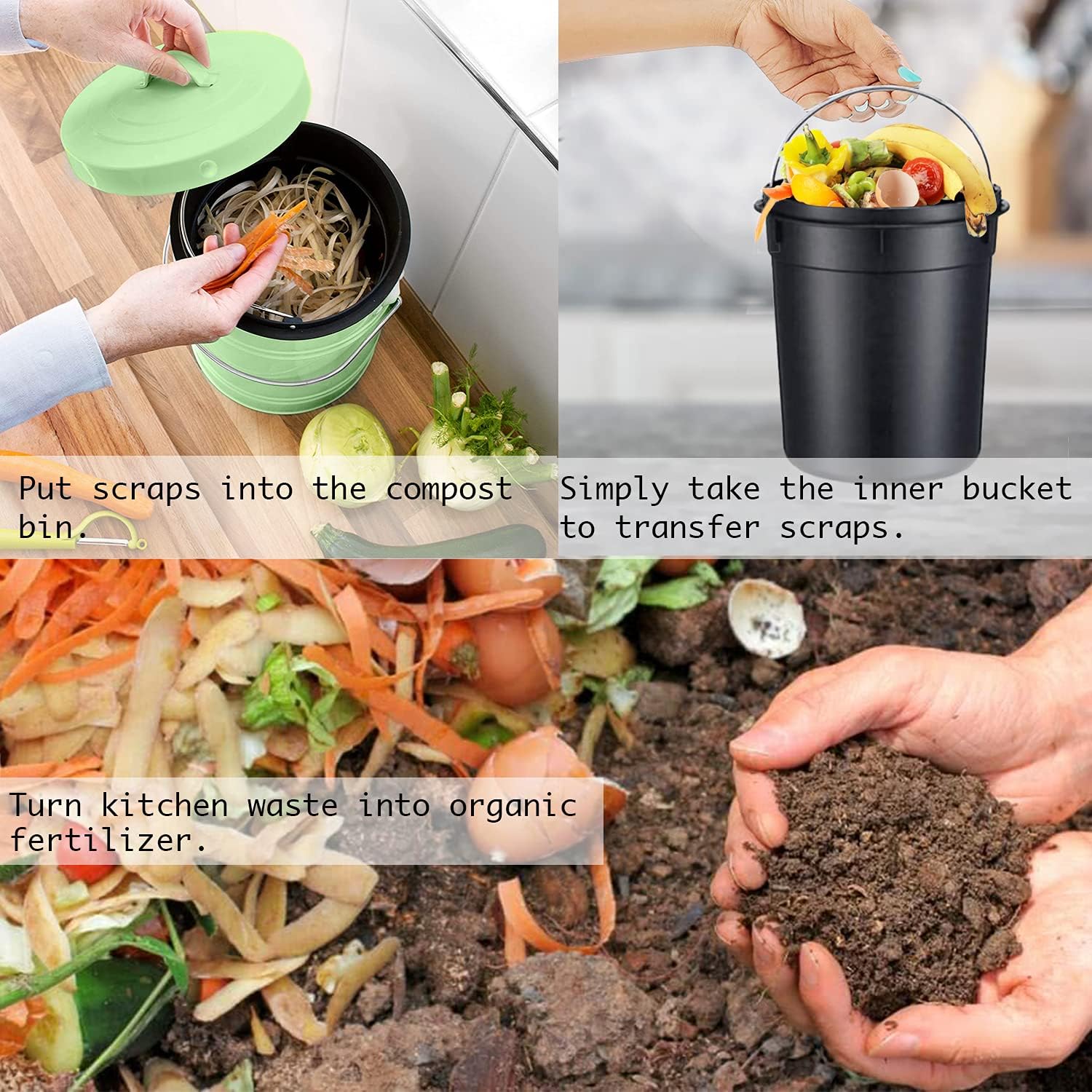 Compost Bin, LALASTAR Countertop Compost Bin with Lid, Kitchen Compost Container, Odorless Compost Bucket for Kitchen Food Waste with Carrying Handle, 1 Gallon, Green