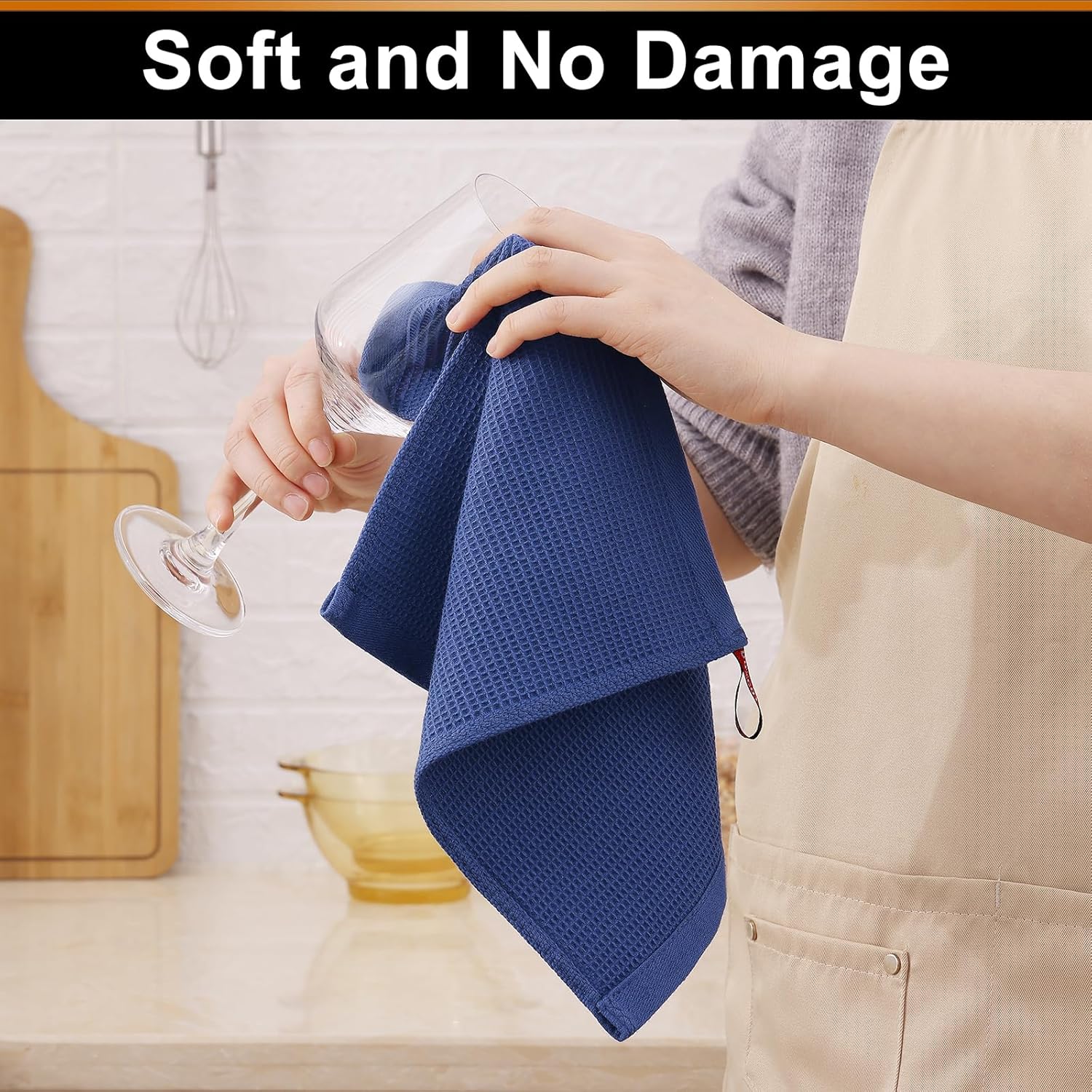 Homaxy 100% Cotton Kitchen Towels and Dishcloths Set - 8 Pack Waffle Weave Soft and Absorbent Dish Towels - 26 X 16 Inch and 12 X 12 Inch - Navy Blue