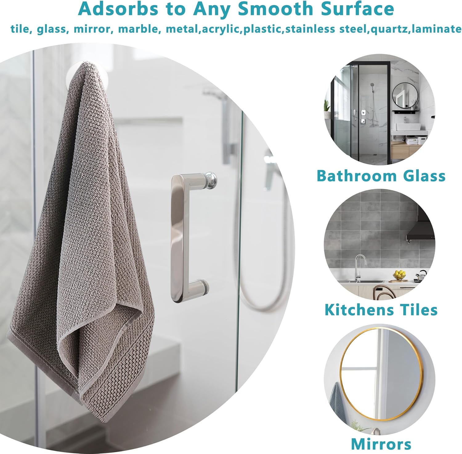 Suction Cup Hooks for Shower,Removable No Drill Towel Hooks,Upgraded 15 lbs Strong Suction hooks for Bathroom Tile,Shower Wall,Glass Door,Kitchen-Loofah,Coat,Stainless Waterproof-White 4 Pcs