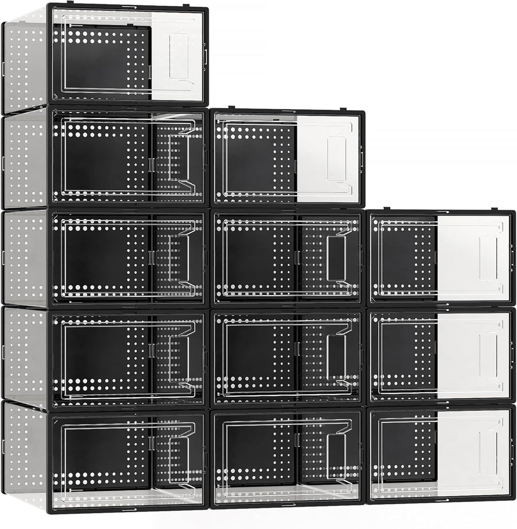 12 Pack X Large Shoe Storage Organizer for Closet, Modular Space Saving Shoe Boxes Clear Plastic Stackable Containers Display Case Bins with Lids, Black