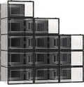 12 Pack X Large Shoe Storage Organizer for Closet, Modular Space Saving Shoe Boxes Clear Plastic Stackable Containers Display Case Bins with Lids, Black